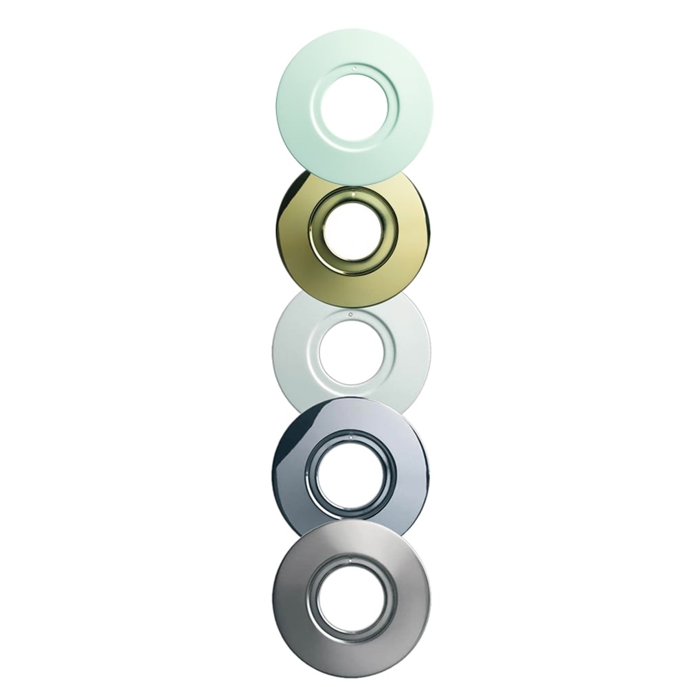 Five Collingwood 110mm hole converter plates stacked together, showing the ring shaped plate in pale off white, polished gold, plain white, mirror chrome and brushed satin steel, each with a stepped centre opening for the downlight
