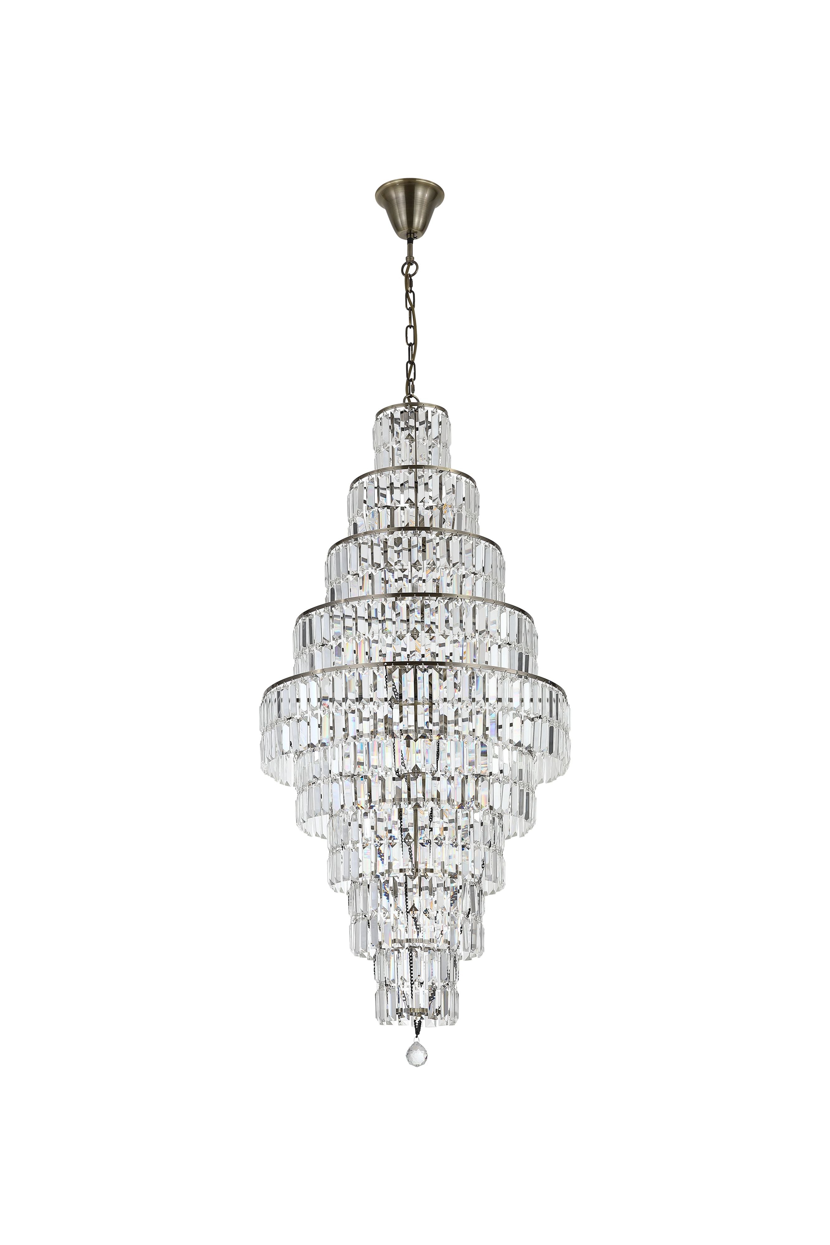 Searchlight Empire 13 light chandelier in antique brass and clear glass, full front view on a plain studio background