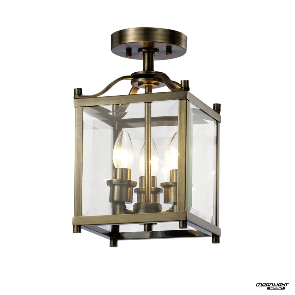 Diyas IL31110 Aston Semi Ceiling 3 Light Antique Brass/Glass
