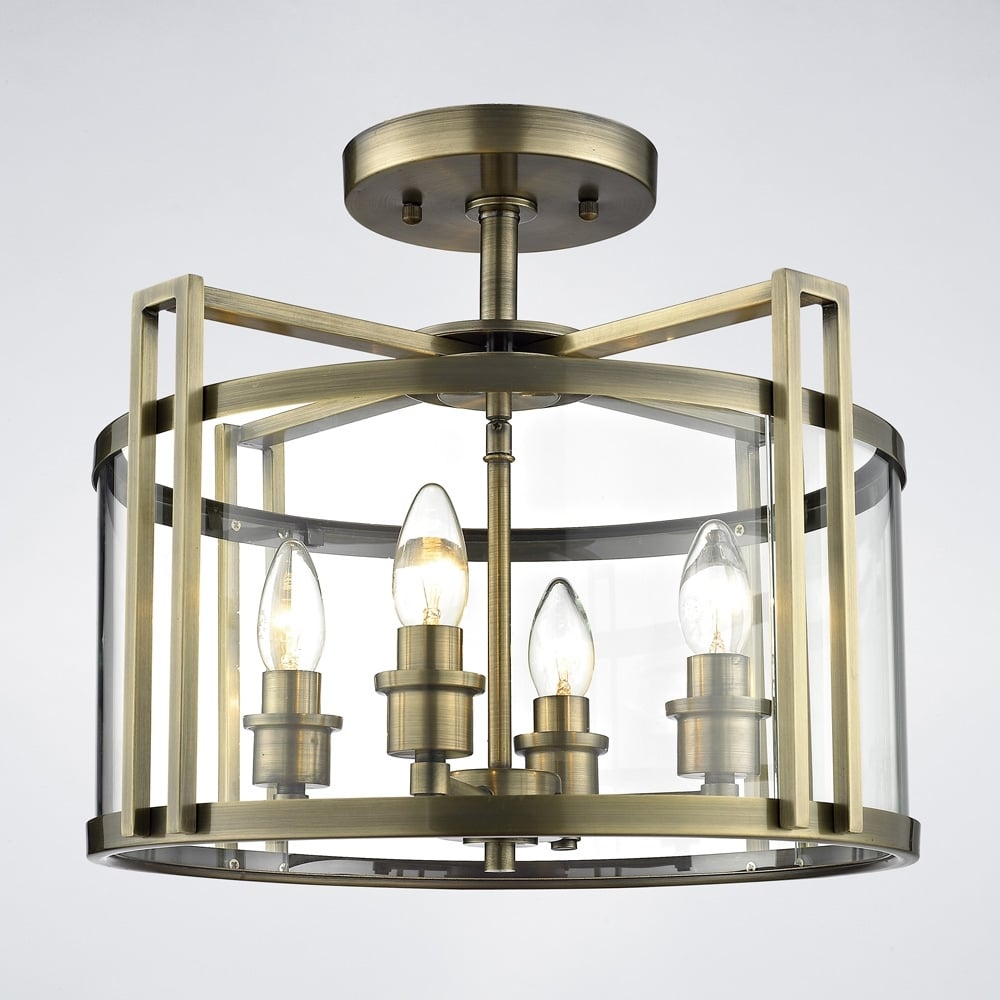 Diyas IL31091 Eaton Semi Ceiling 4 Light Antique Brass/Glass