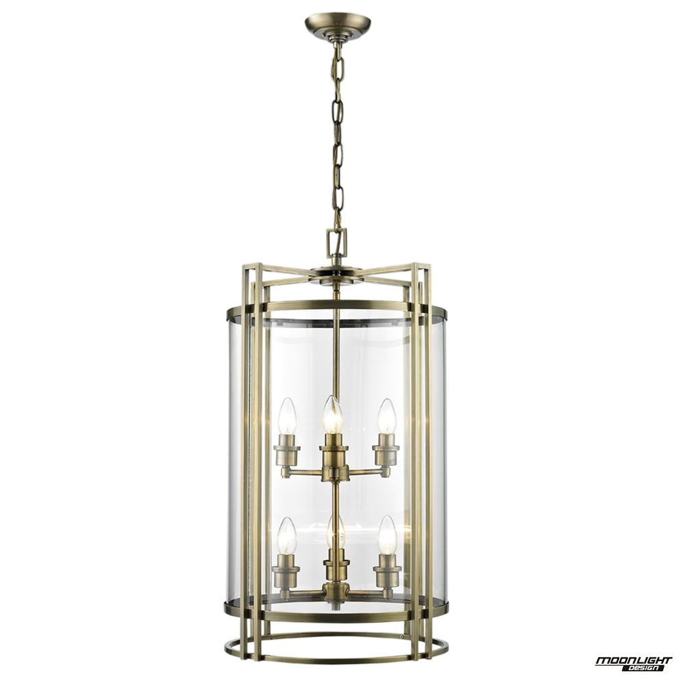 Diyas IL31094 Eaton Pendant 6 Light Antique Brass/Glass