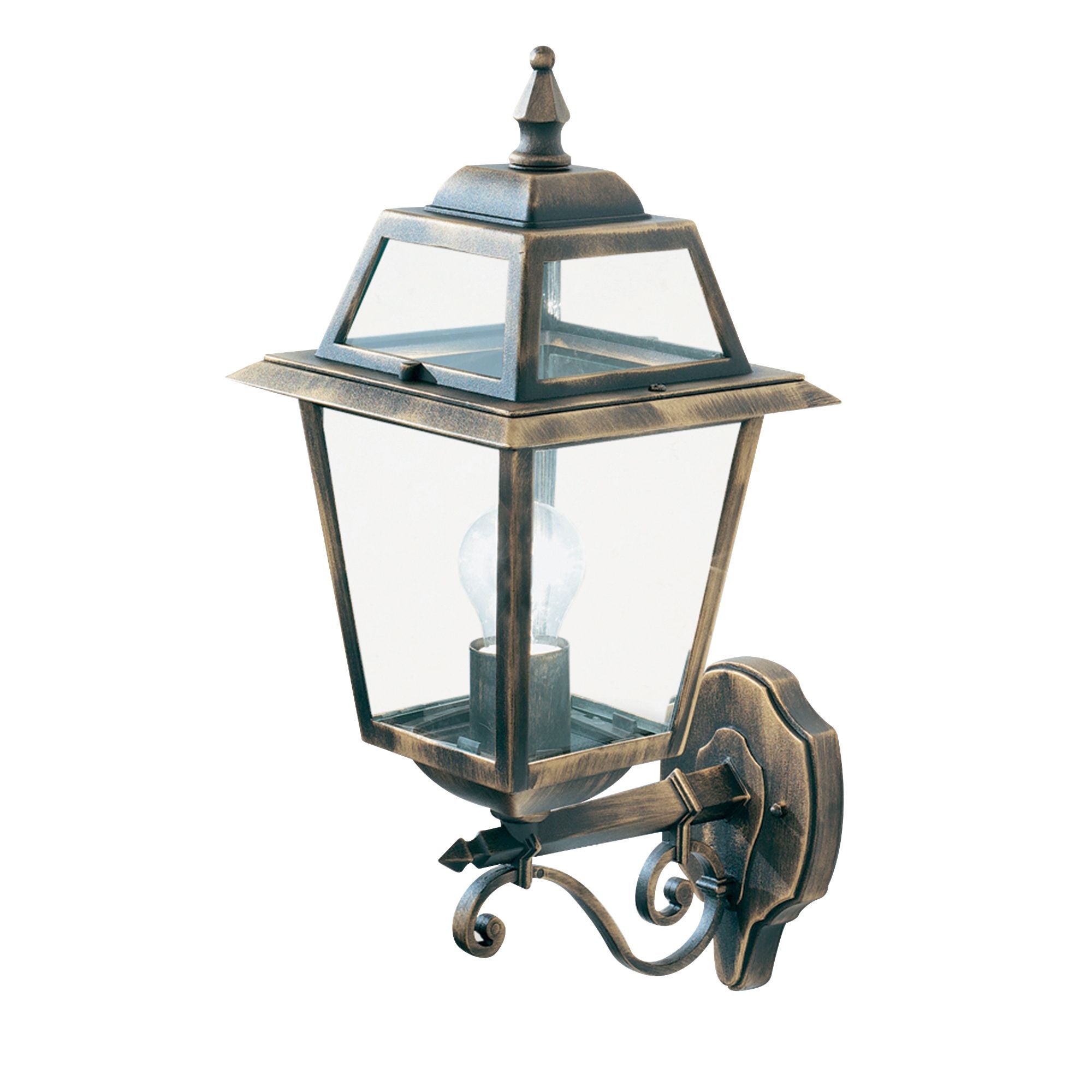Searchlight New Orleans outdoor wall uplighter in black and gold with clear glass, studio shot with bulb lit