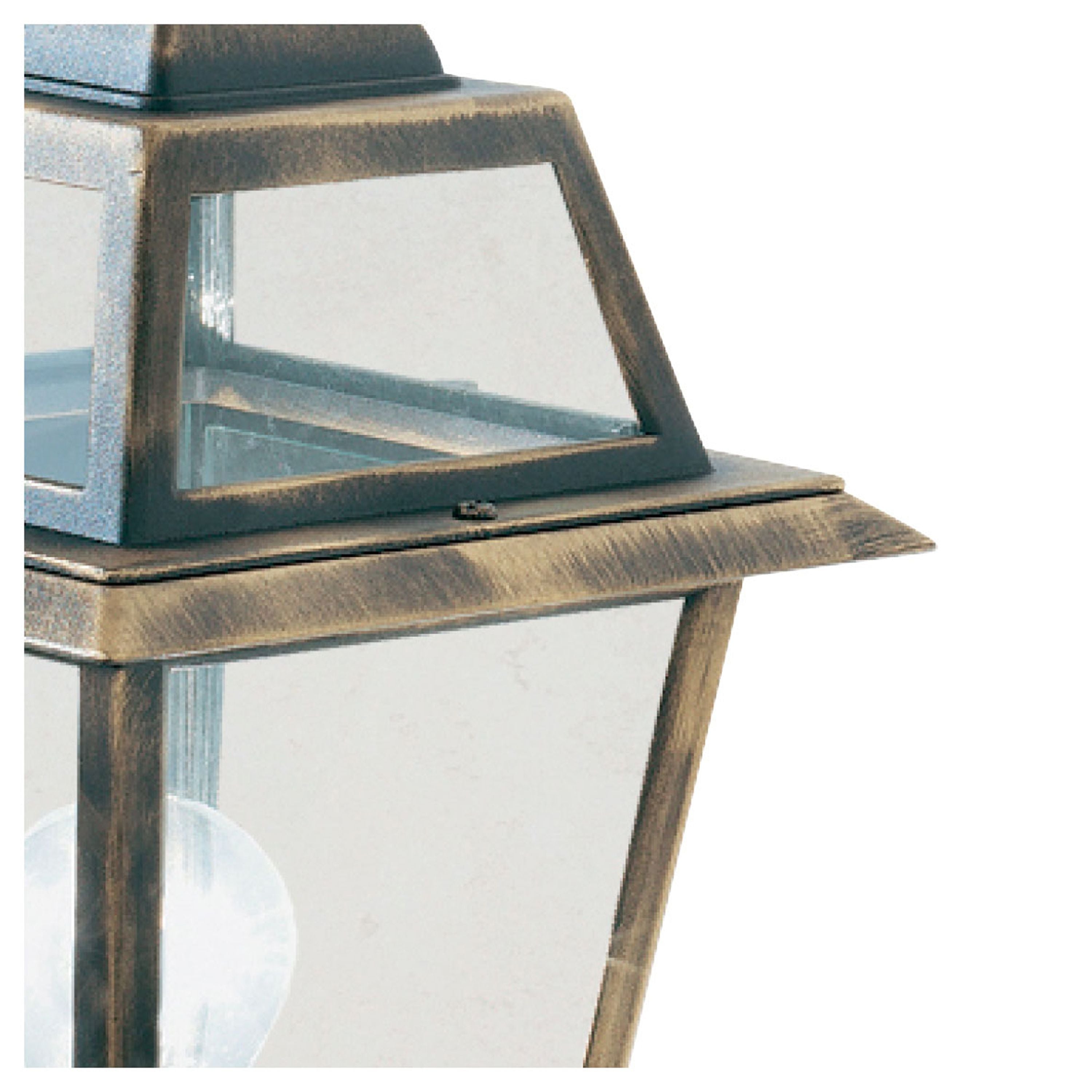 Close up of the New Orleans wall uplighter black and gold frame and clear glass panel detail