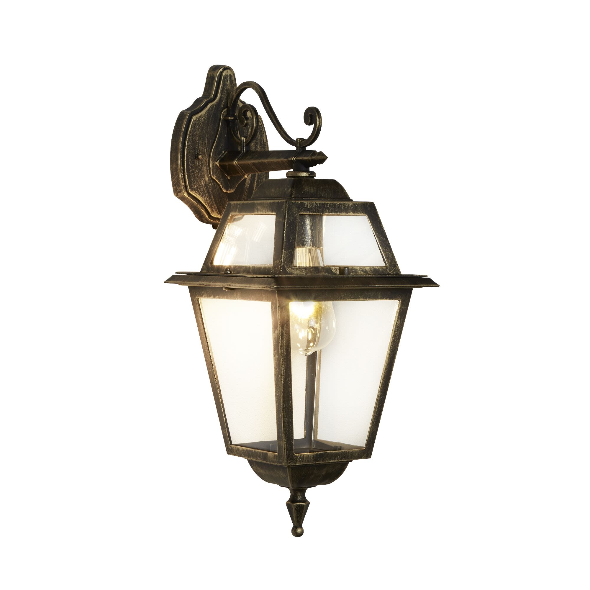 Searchlight New Orleans outdoor downlight in black and gold with clear glass, studio shot with bulb lit