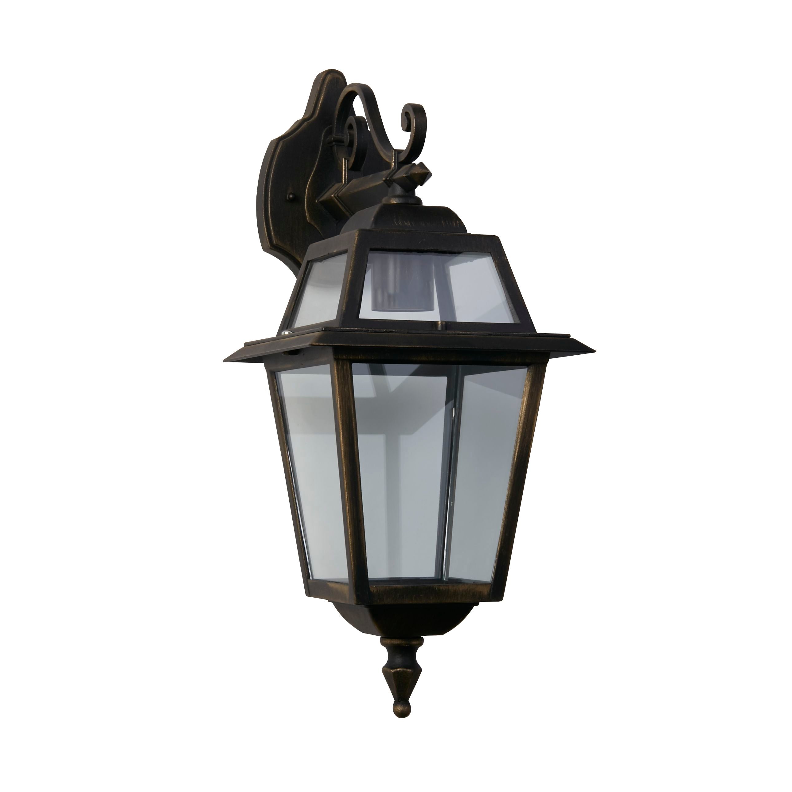 Searchlight New Orleans outdoor downlight in black and gold with clear glass, alternate angled studio shot with bulb lit
