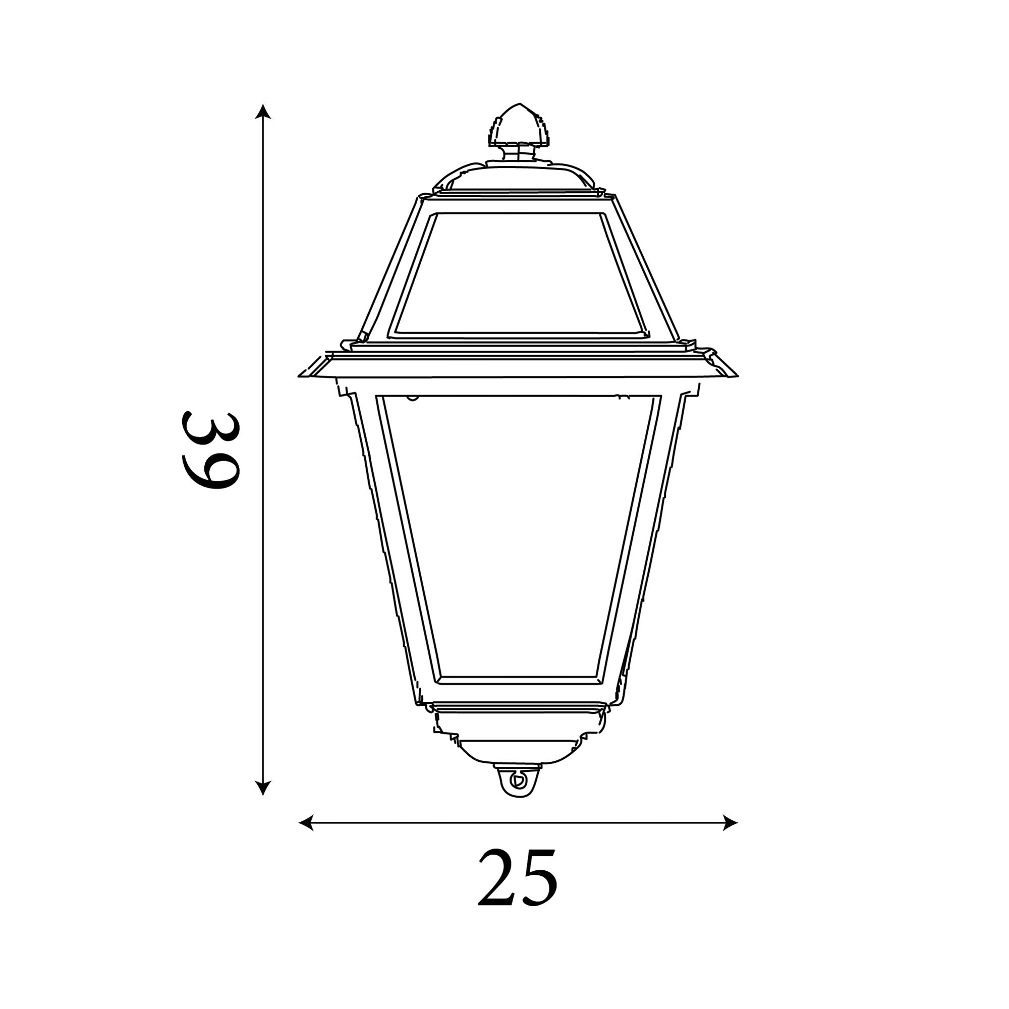 Line drawing showing the New Orleans flush wall light dimensions, 39cm high by 25cm wide