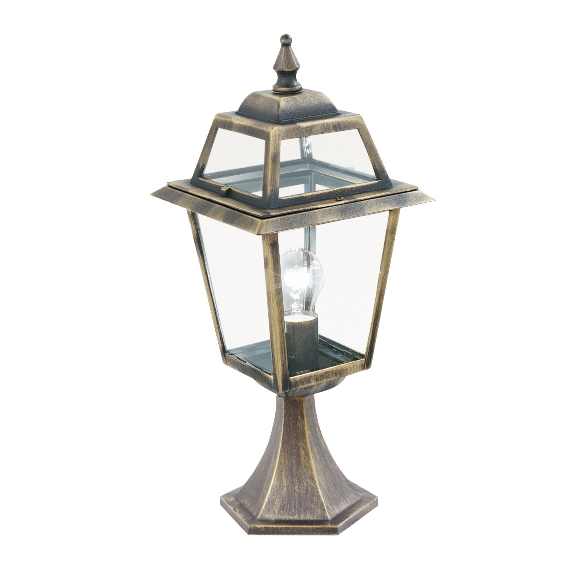 Searchlight New Orleans outdoor post light in black and gold with clear glass, studio shot with bulb lit