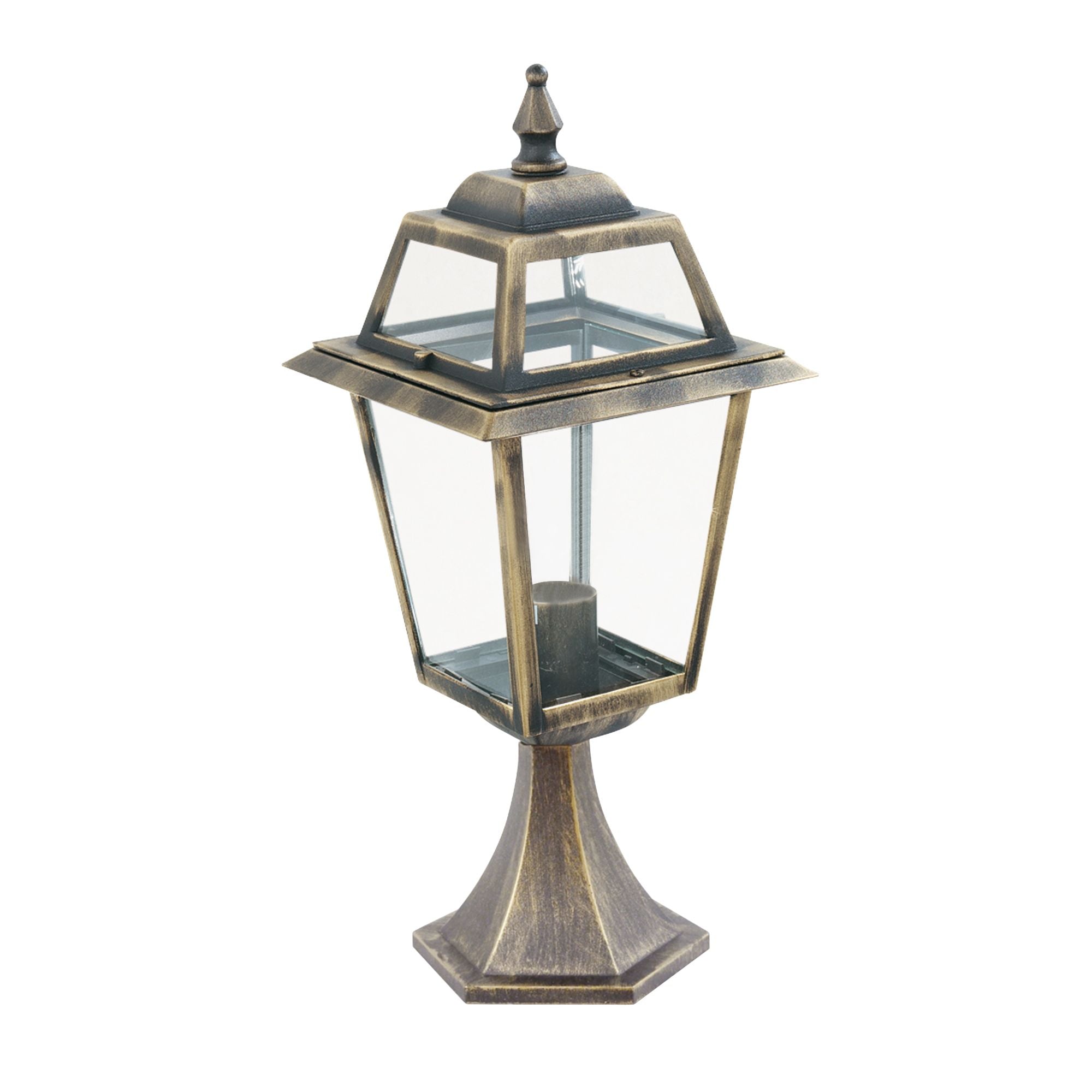 Searchlight New Orleans outdoor post light in black and gold with clear glass, alternate angled studio shot with bulb lit