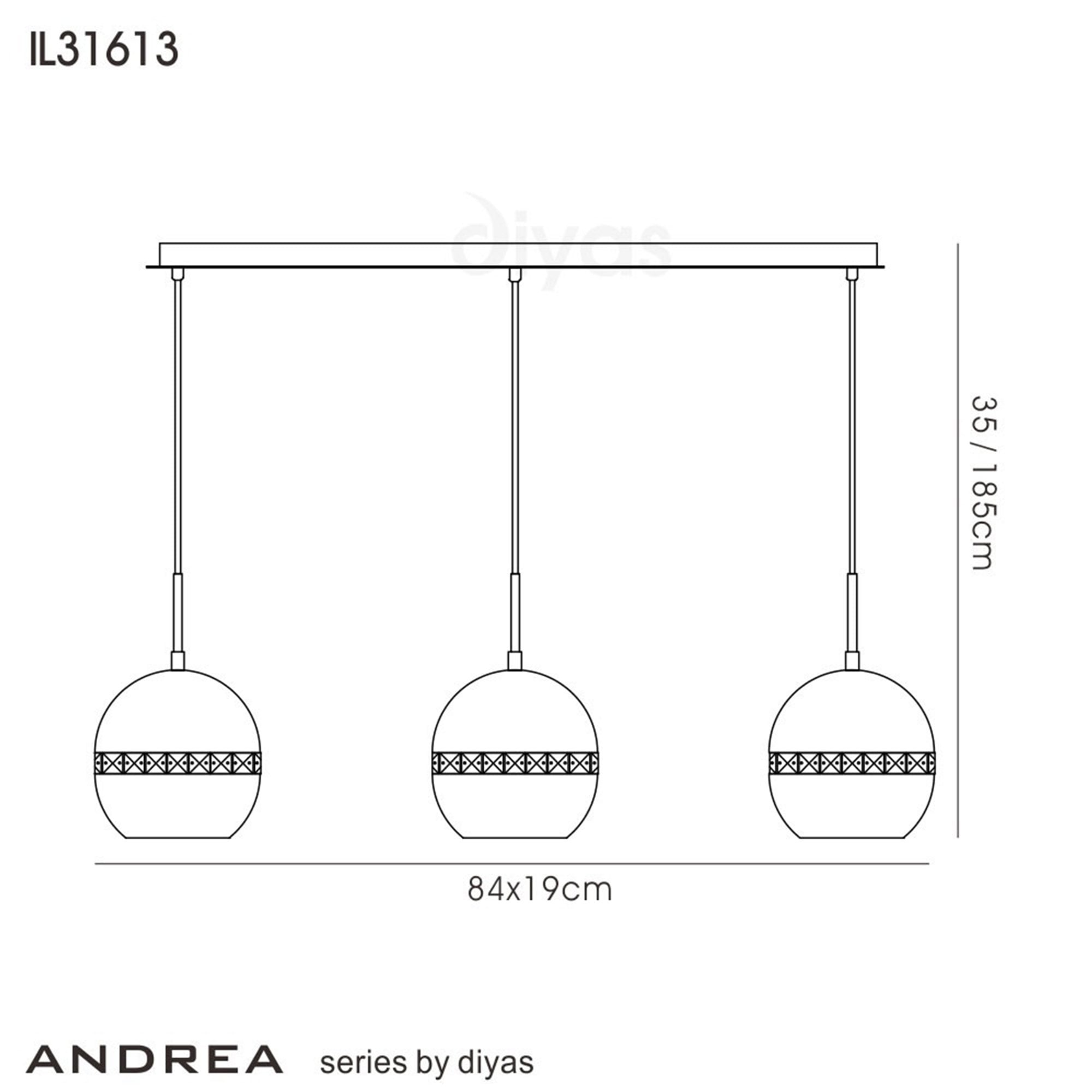 Diyas IL31613 Andrea Pendant 3 Light E27 Linear Polished Chrome/Crystal