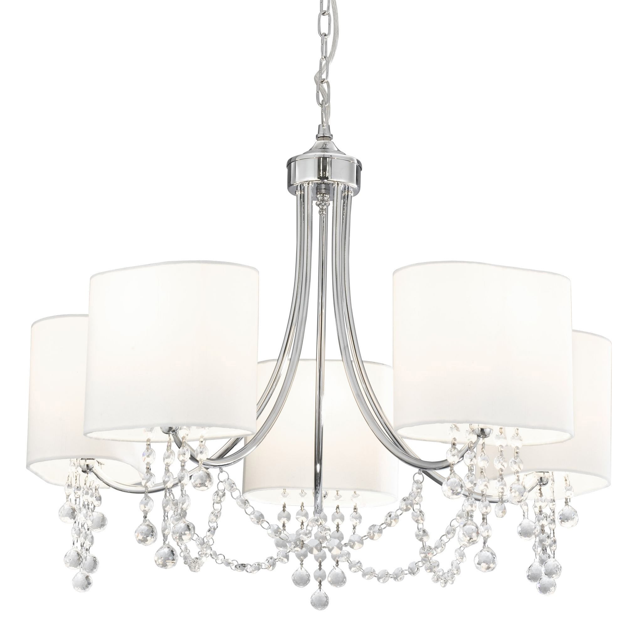 Searchlight Netley - 5 Light Ceiling, Chrome, Clear Crystal, White Shades