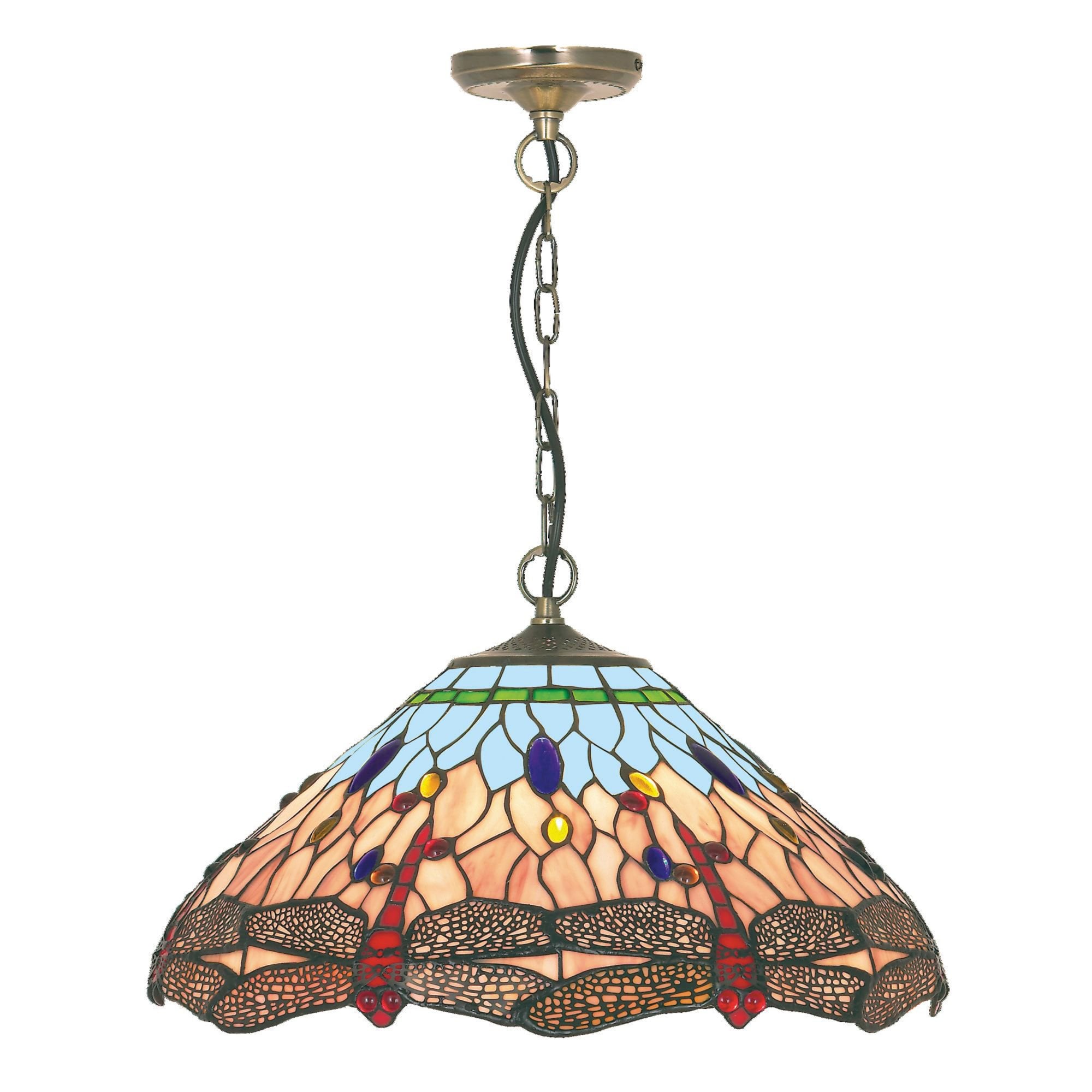 Searchlight Darwen Dragonfly - Single Pendant, Antique Brass, Tiffany Glass