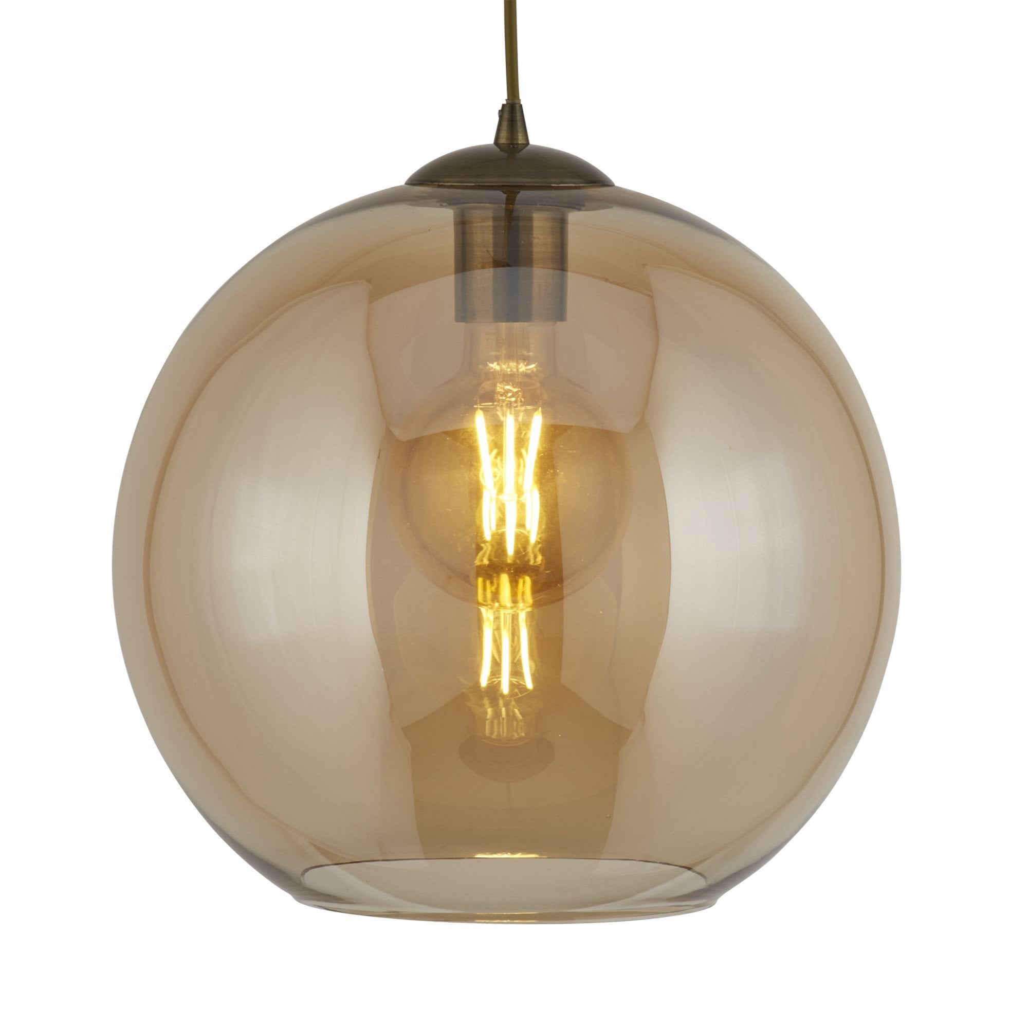 Searchlight Baines Single Round Pendant (25cm Diameter), Amber Glass, Antique Brass