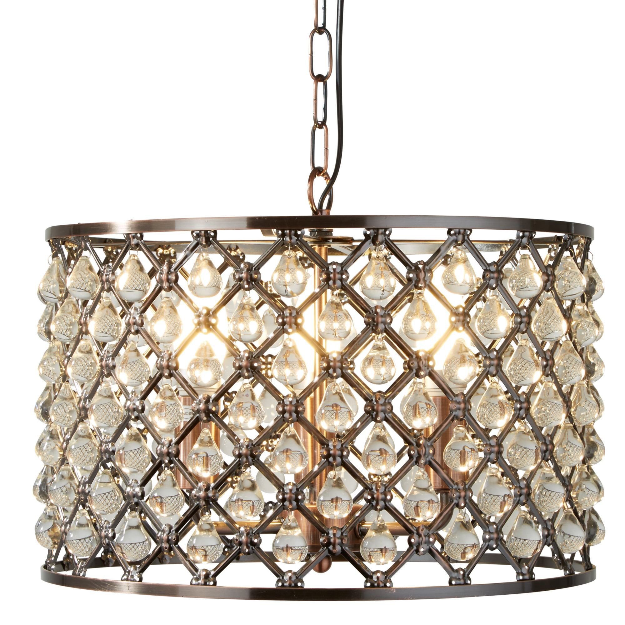 Searchlight Marie 3 Light Drum Pendant, Antique Copper, Glass Tear Drop Trim