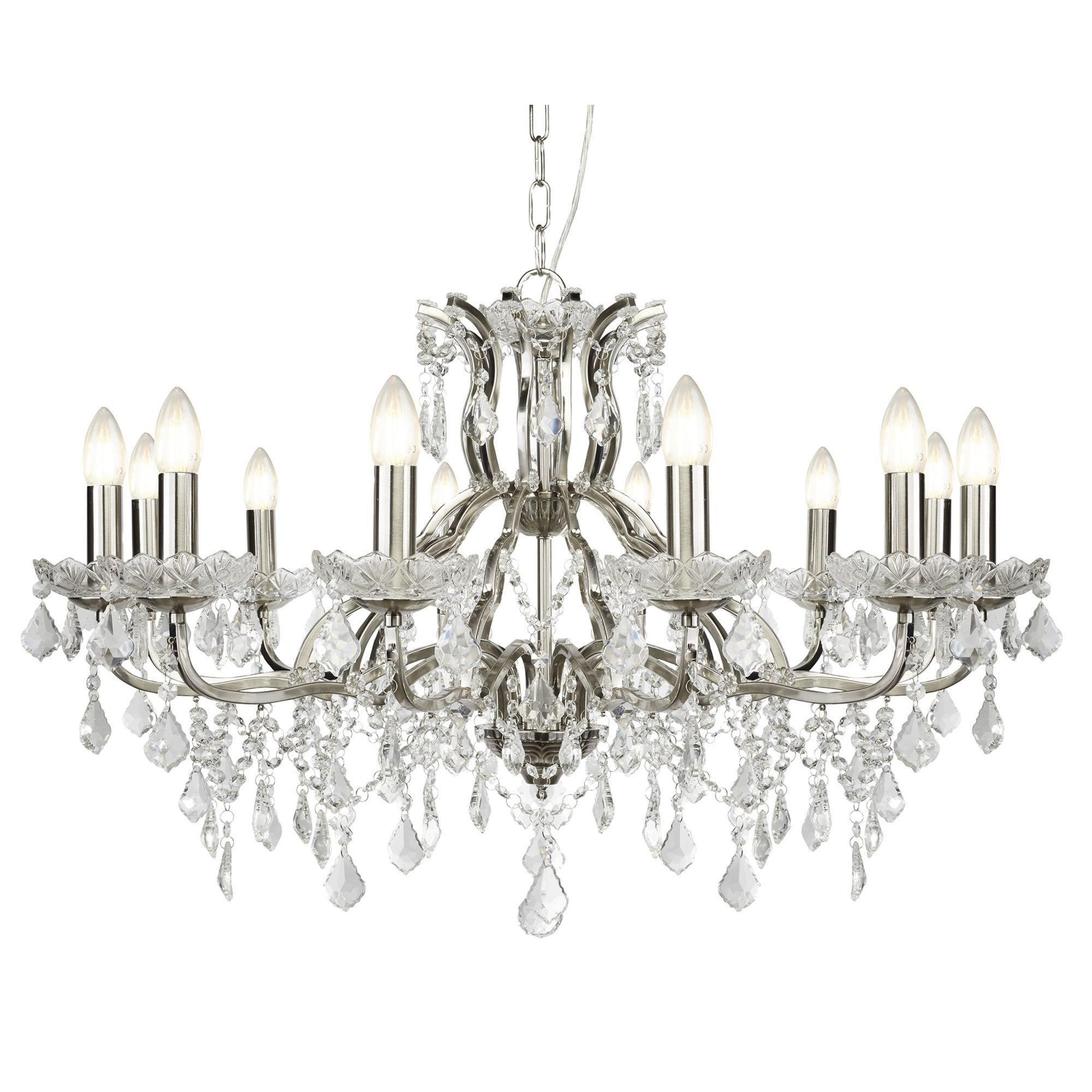 Searchlight Paley 12 Light Chandelier, Clear Crystal Drops & Trim, Satin Silver