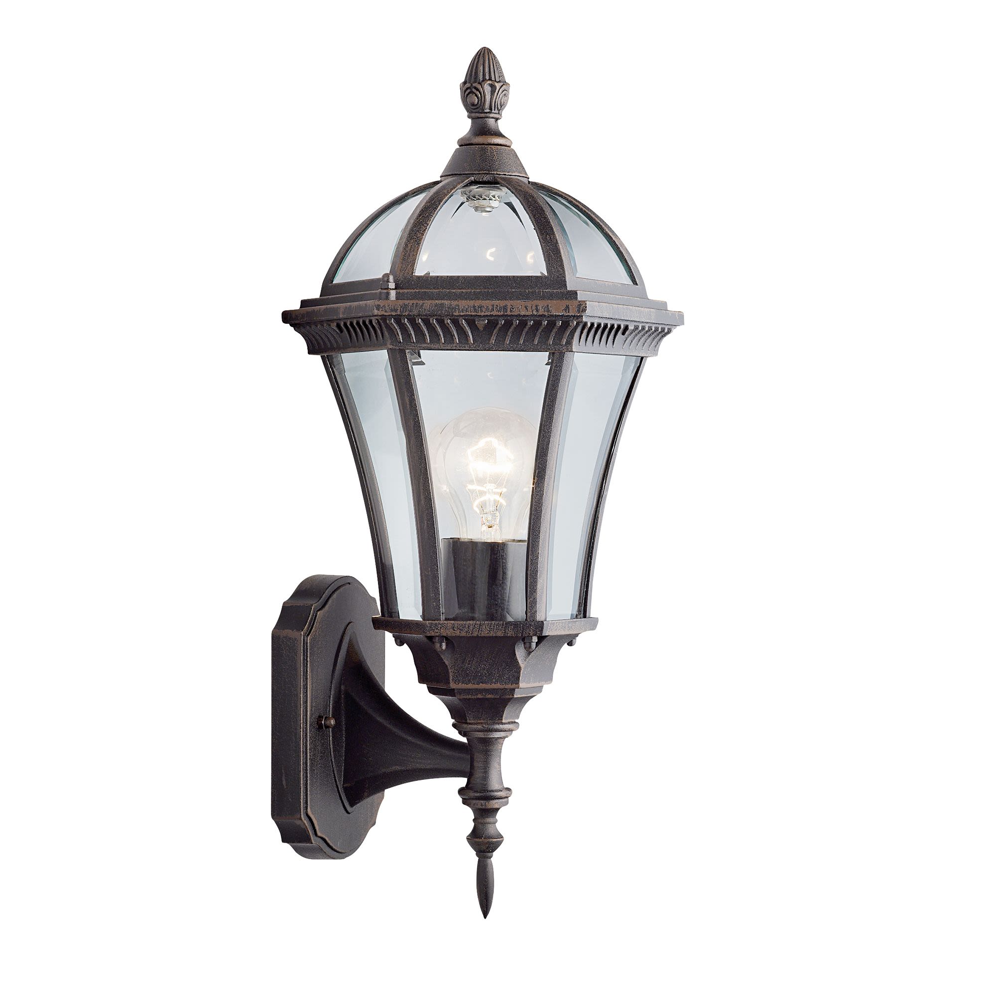 Searchlight Capri Outdoor Uplight in rustic brown finish on a plain white background, domed bevelled glass top with a warm bulb glowing inside, mounted on its wall bracket