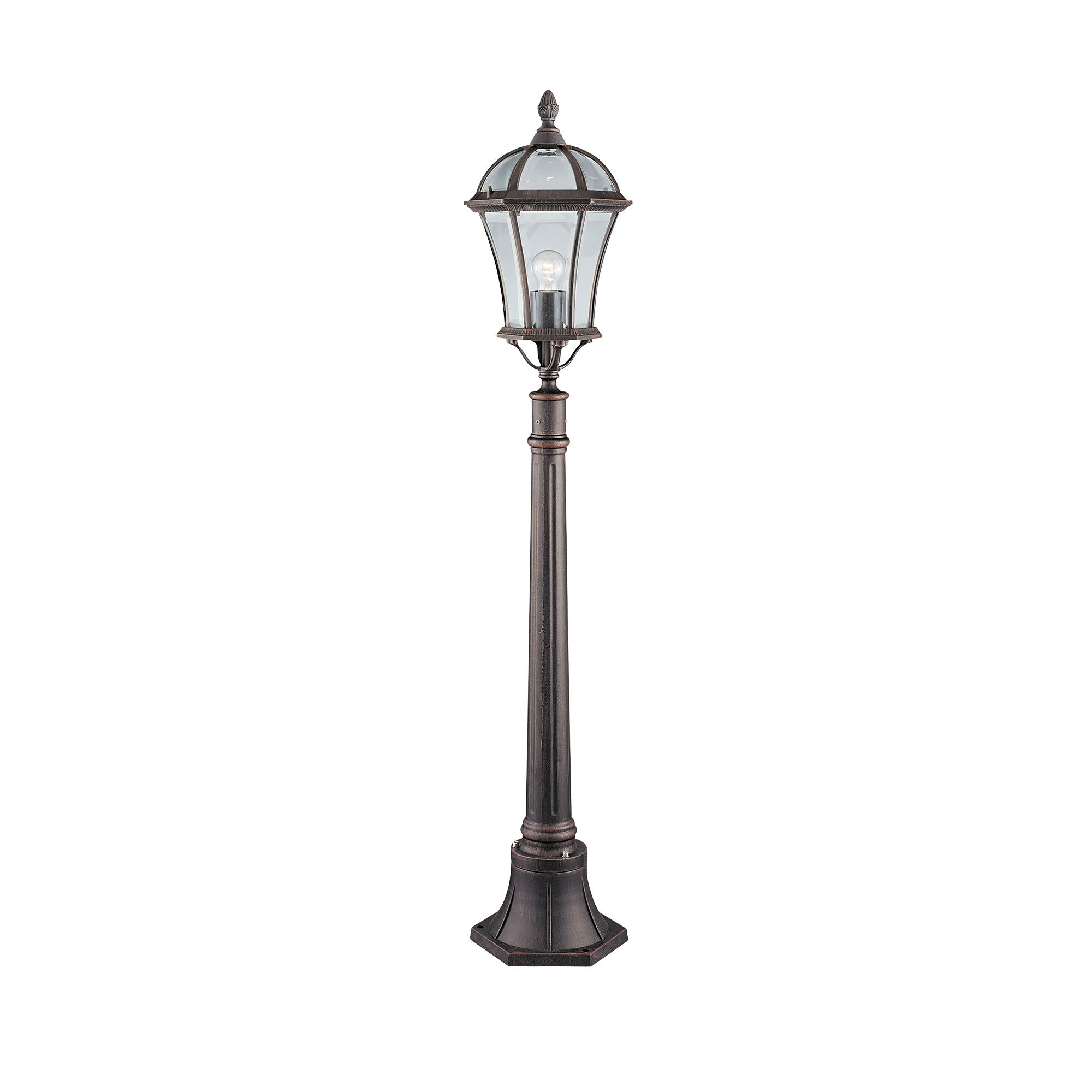 Searchlight Capri Outdoor Post, full height studio shot on a plain white background, rustic brown finish with a bevelled glass lantern head, lit with a warm glow
