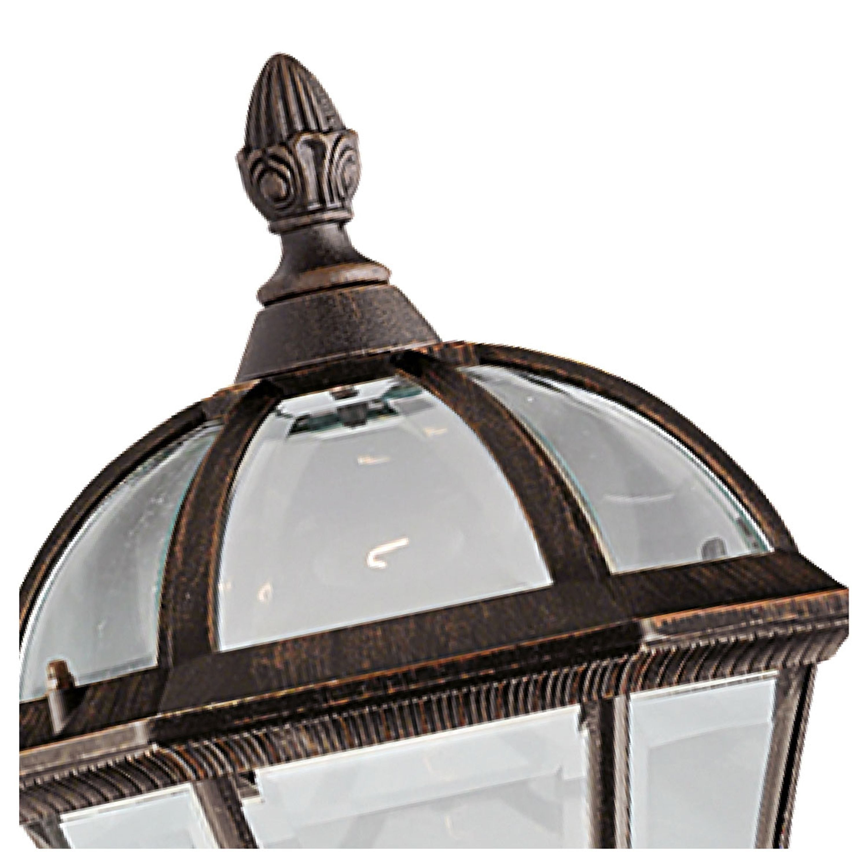 Close up of the Capri Outdoor Post's lantern head, showing the domed bevelled glass and decorative finial in rustic brown finish