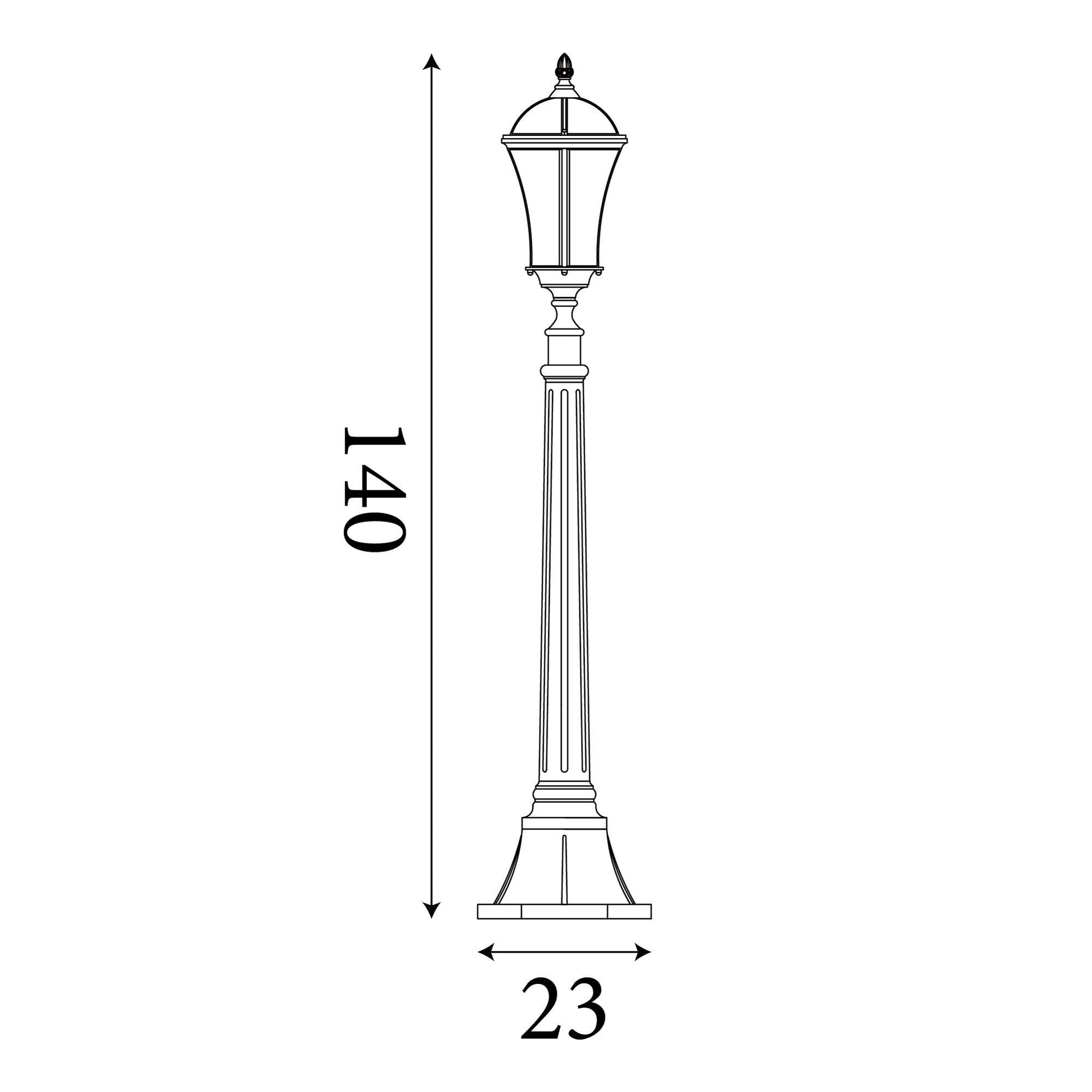 Line drawing of the Capri Outdoor Post showing dimensions: 140cm height, 23cm width