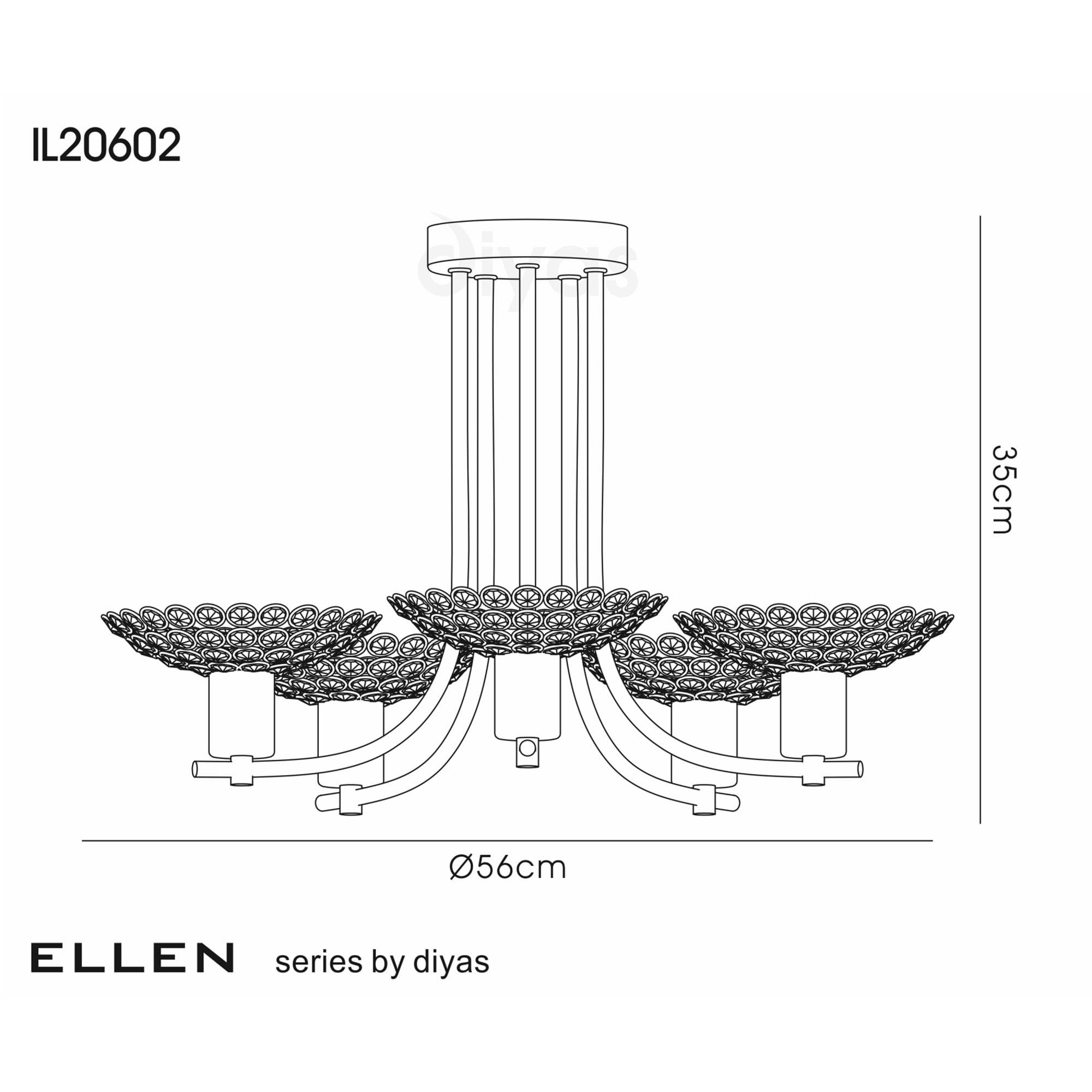 Diyas IL20602 Ellen Semi Ceiling 5 Light Satin Brass/Crystal