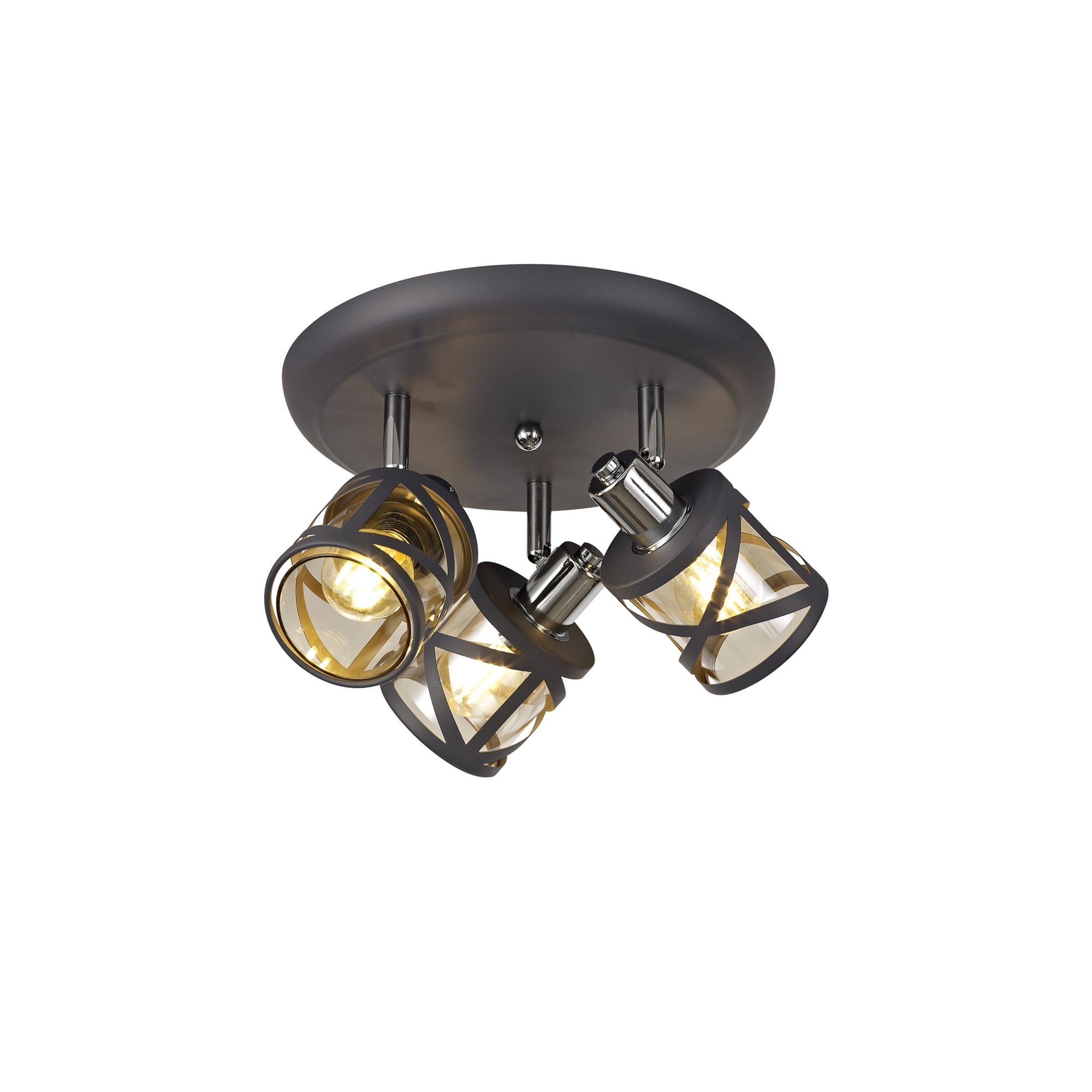 Fabula Leaden 3 Light Round Spotlight - Matt Grey, Polished Chrome & Cognac Glass