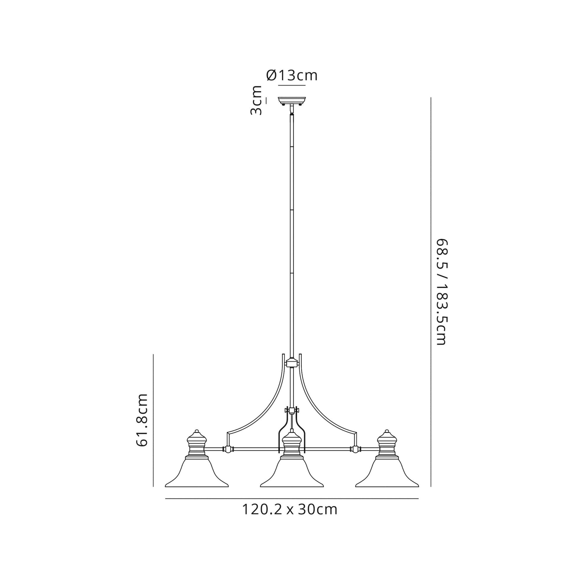 Fabula Epping 3 Light Linear Pendant - 30cm Smooth Bell Glass Shades - Antique Brass & Clear Glass