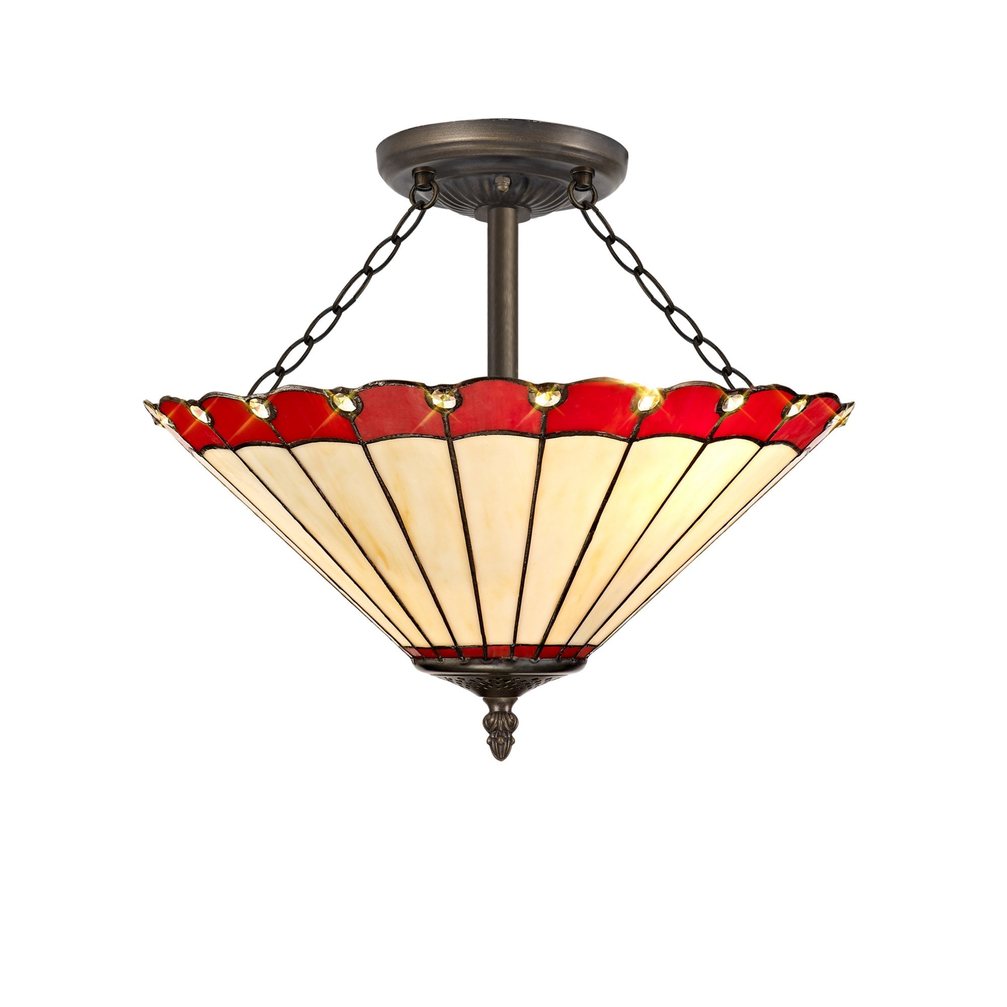 Fabula Amberley 3 Light Semi-Flush Light - 40cm Tiffany Shade - Red & Cream