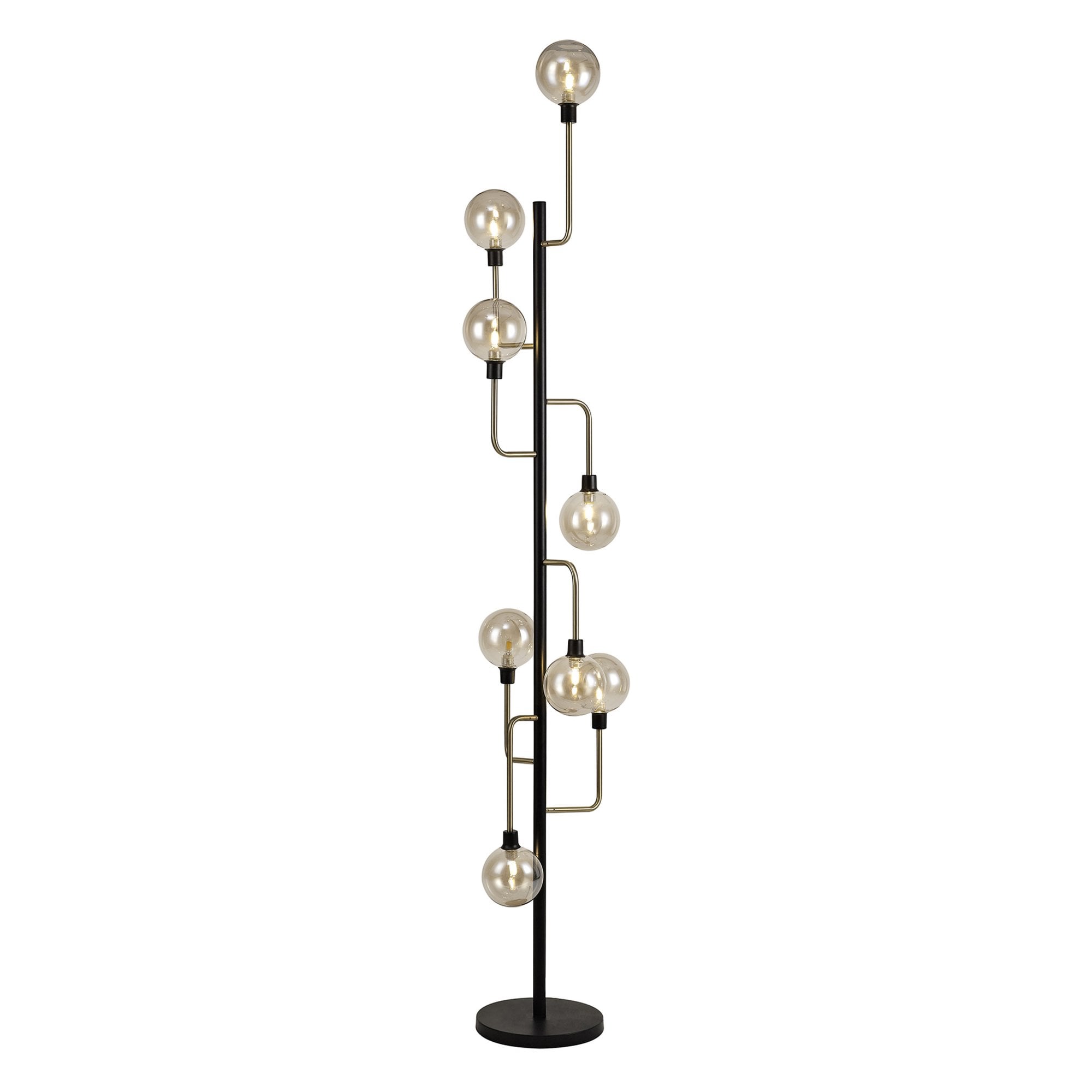 Fabula Appleby 8 Light Floor Lamp - Matt Black, Antique Brass & Cognac Glass