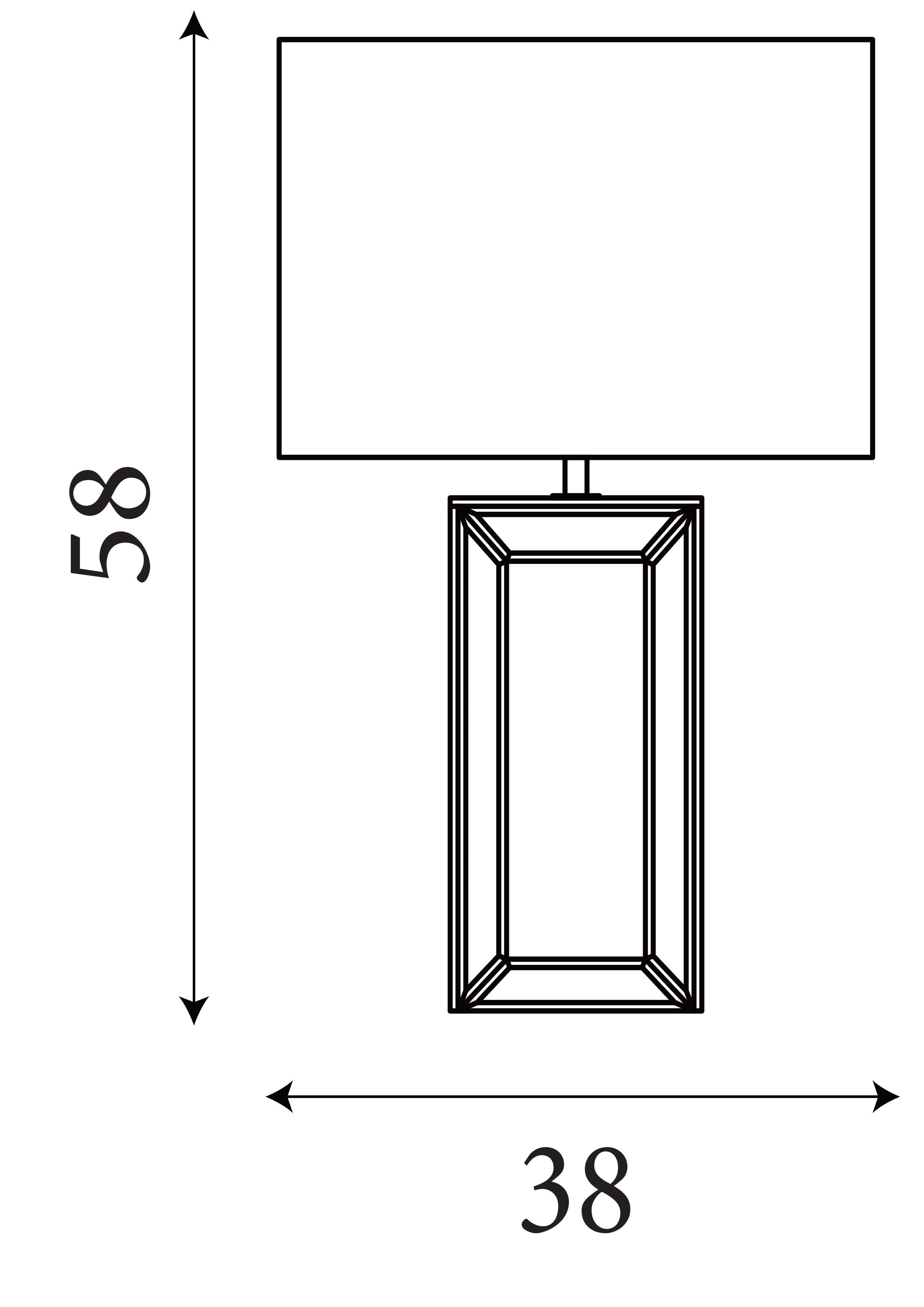 Technical line drawing of the Searchlight mirror table lamp showing height 58cm and base width 38cm
