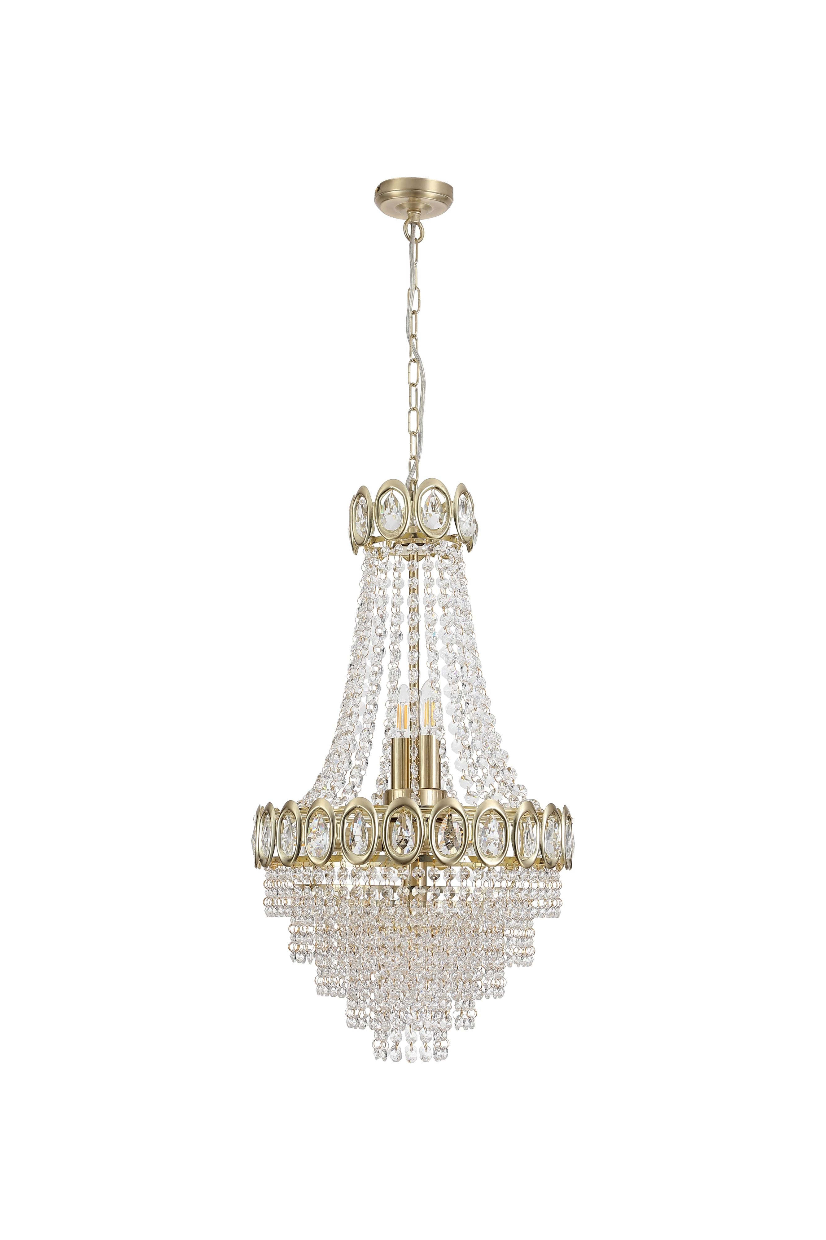 Searchlight Louis Phillipe 6 Light Pendant in satin brass, second studio angle with the candle bulbs lit inside the crystal tiers