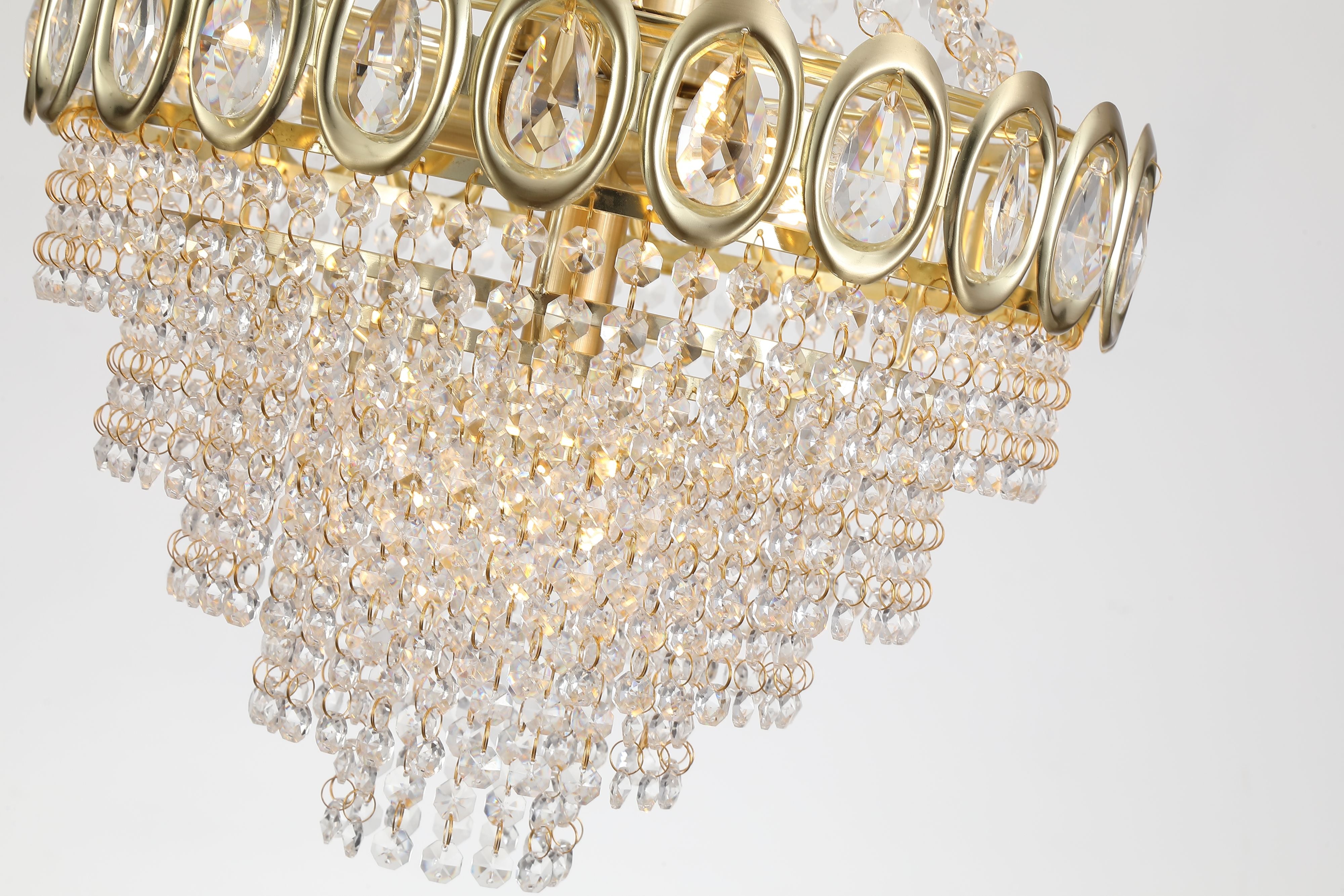 Close up of the oval faceted crystal jewels and cascading crystal tiers on the Louis Phillipe 6 Light Pendant