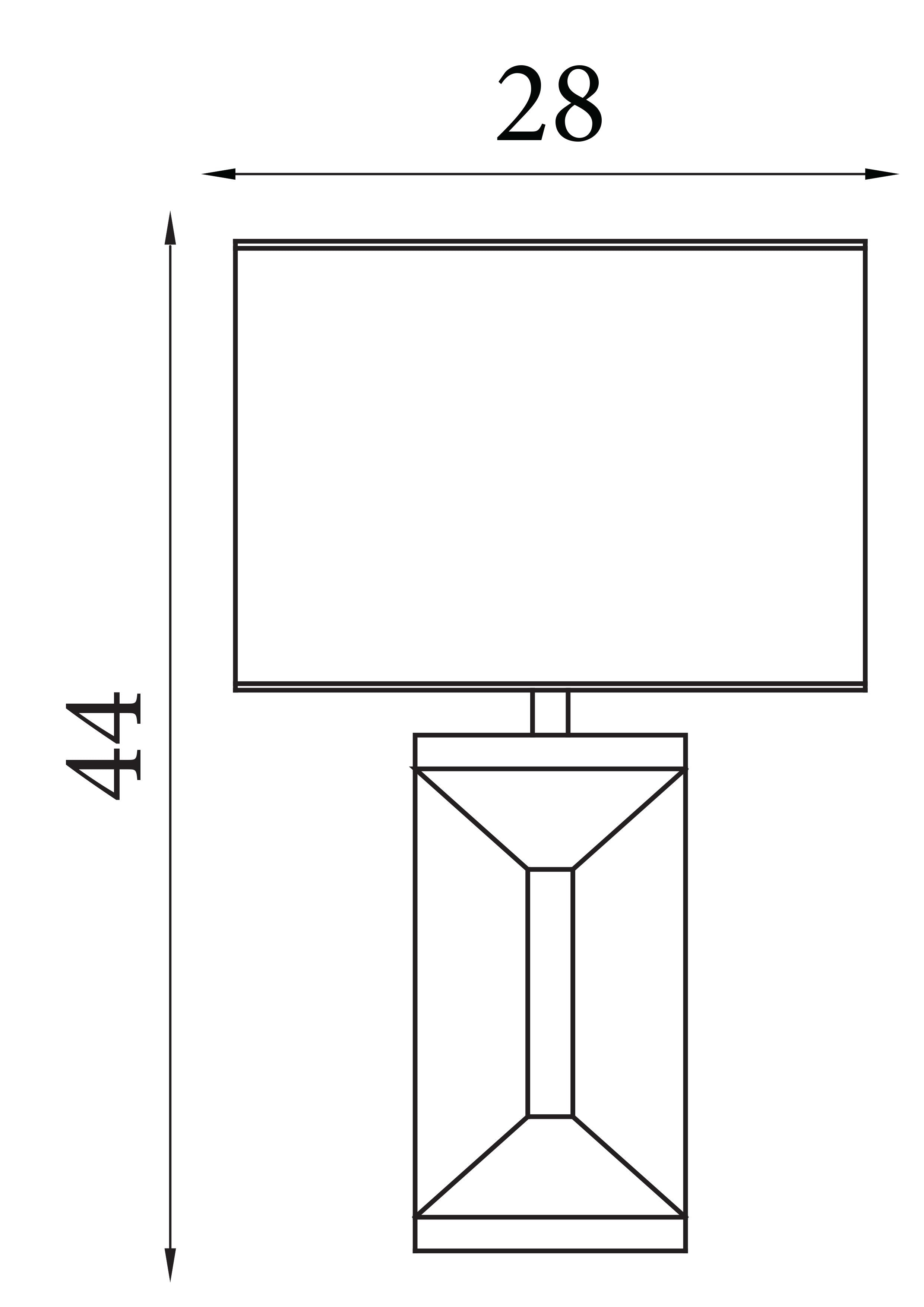 Technical line drawing of the Searchlight Megan table lamp showing height 44cm and base width 28cm