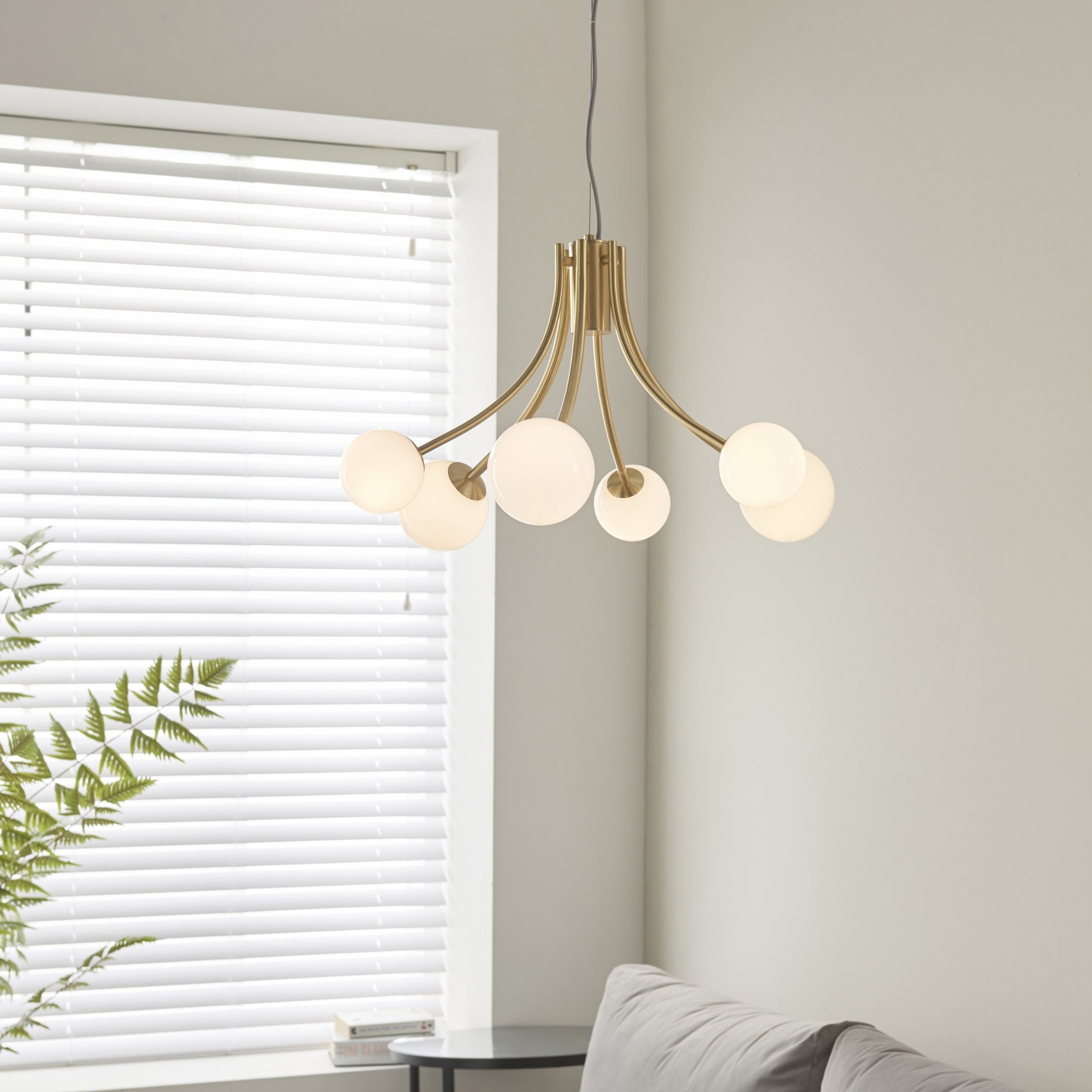 Endon Bloom 6 Light Pendant - Satin Brass Plate & Opal Glass