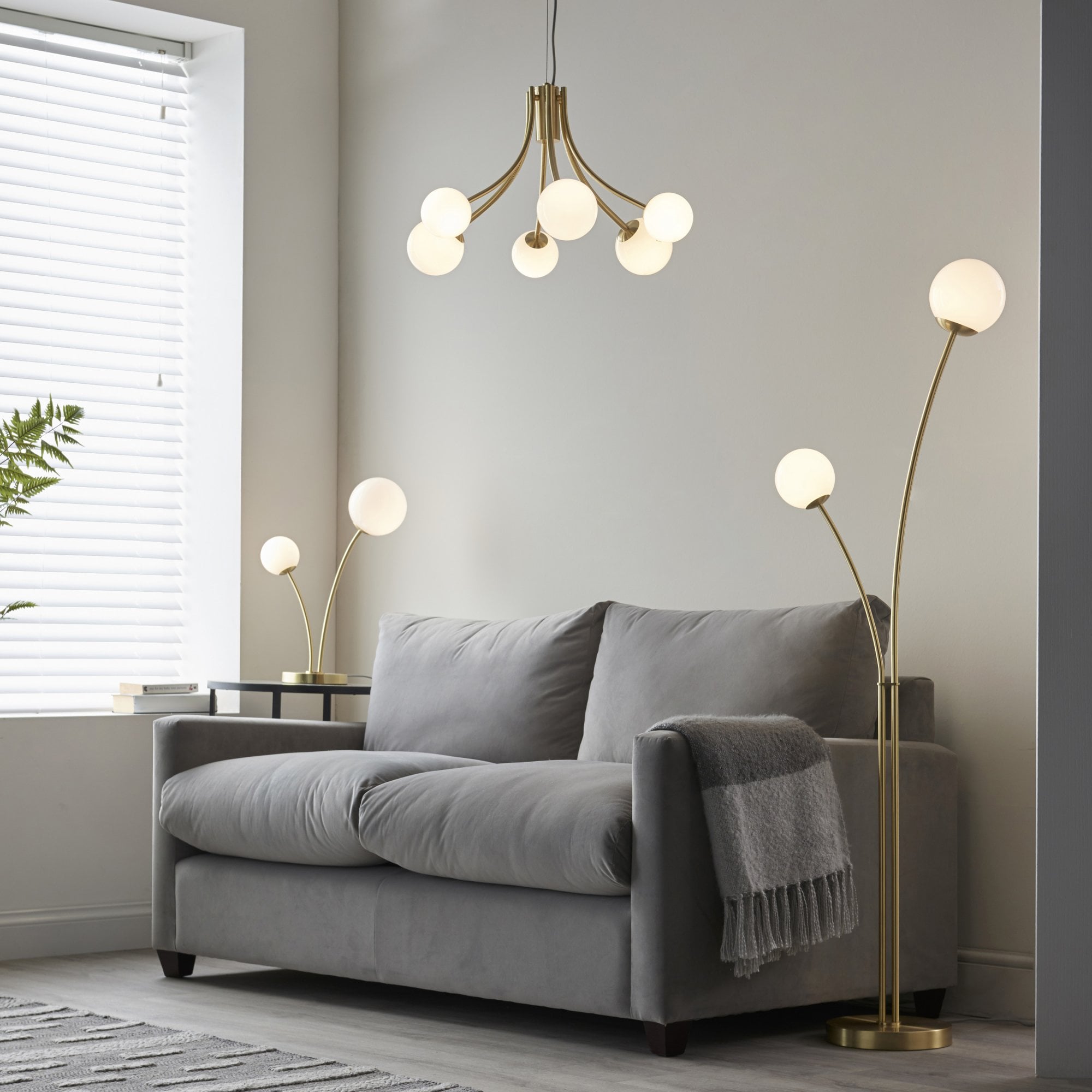 Endon Bloom 6 Light Pendant - Satin Brass Plate & Opal Glass