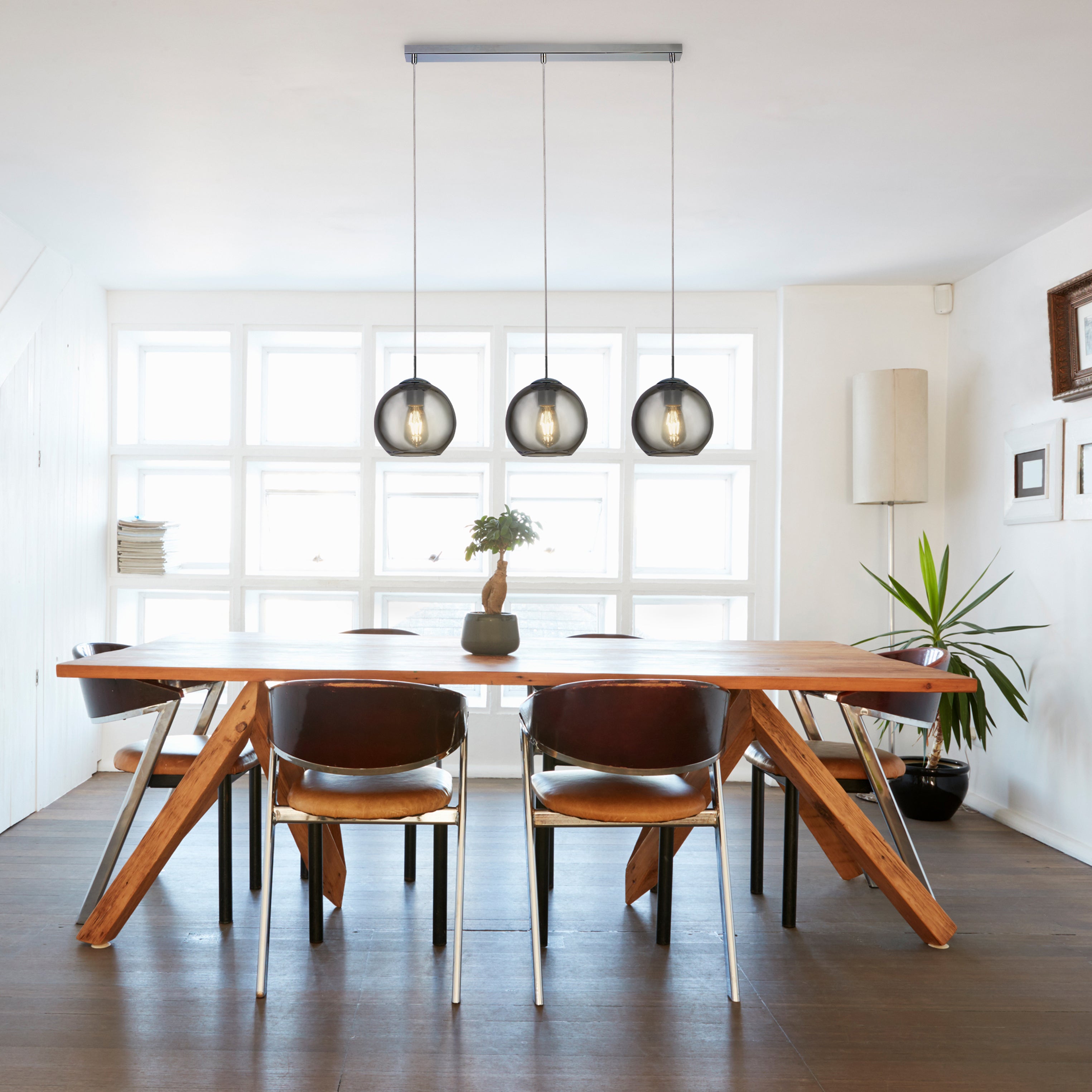 Searchlight Pendant 3 Light Bar, Chrome With Smoke Glass