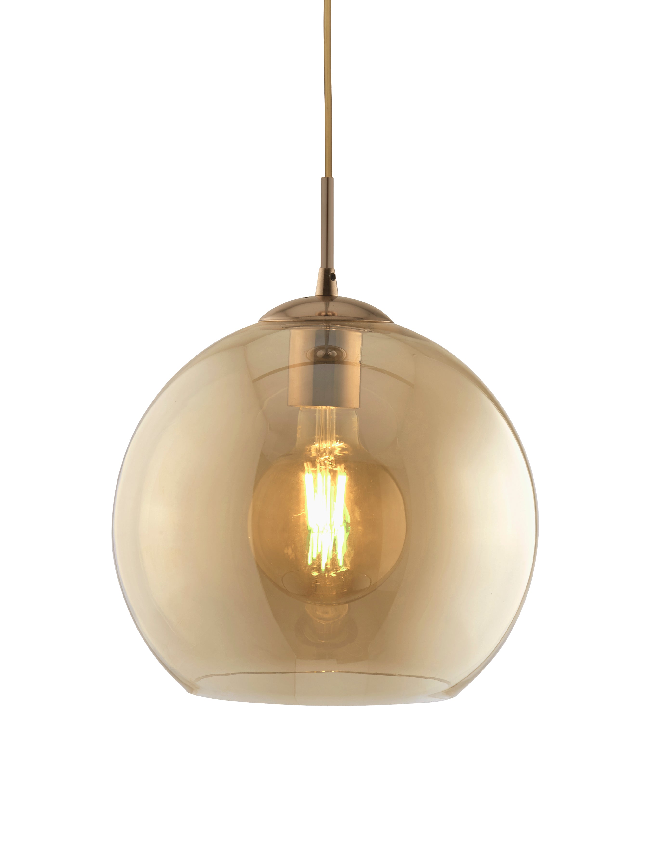 Searchlight Baines Single Round Pendant (30cm Diameter), Amber Glass, Antique Brass