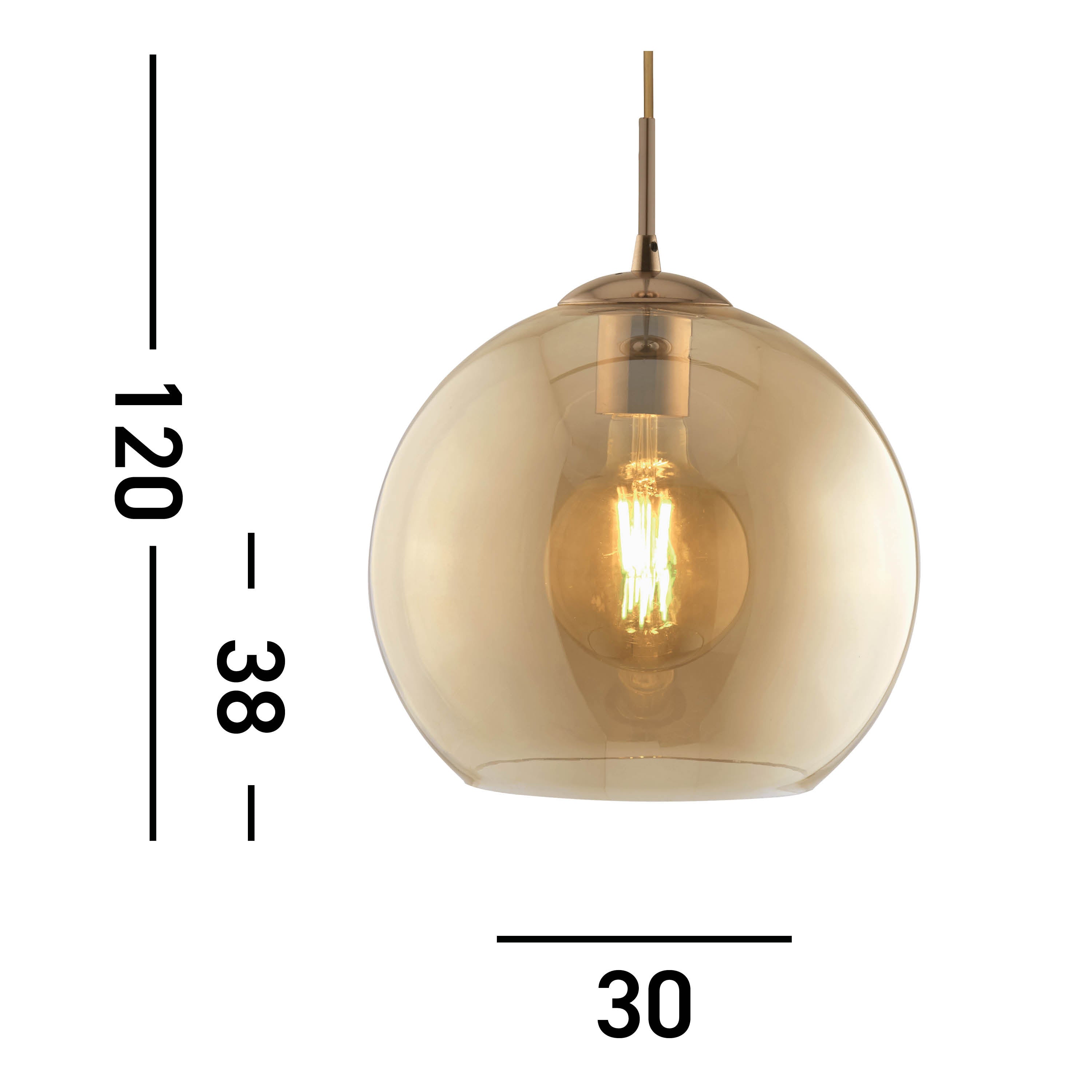 Searchlight Baines Single Round Pendant (30cm Diameter), Amber Glass, Antique Brass