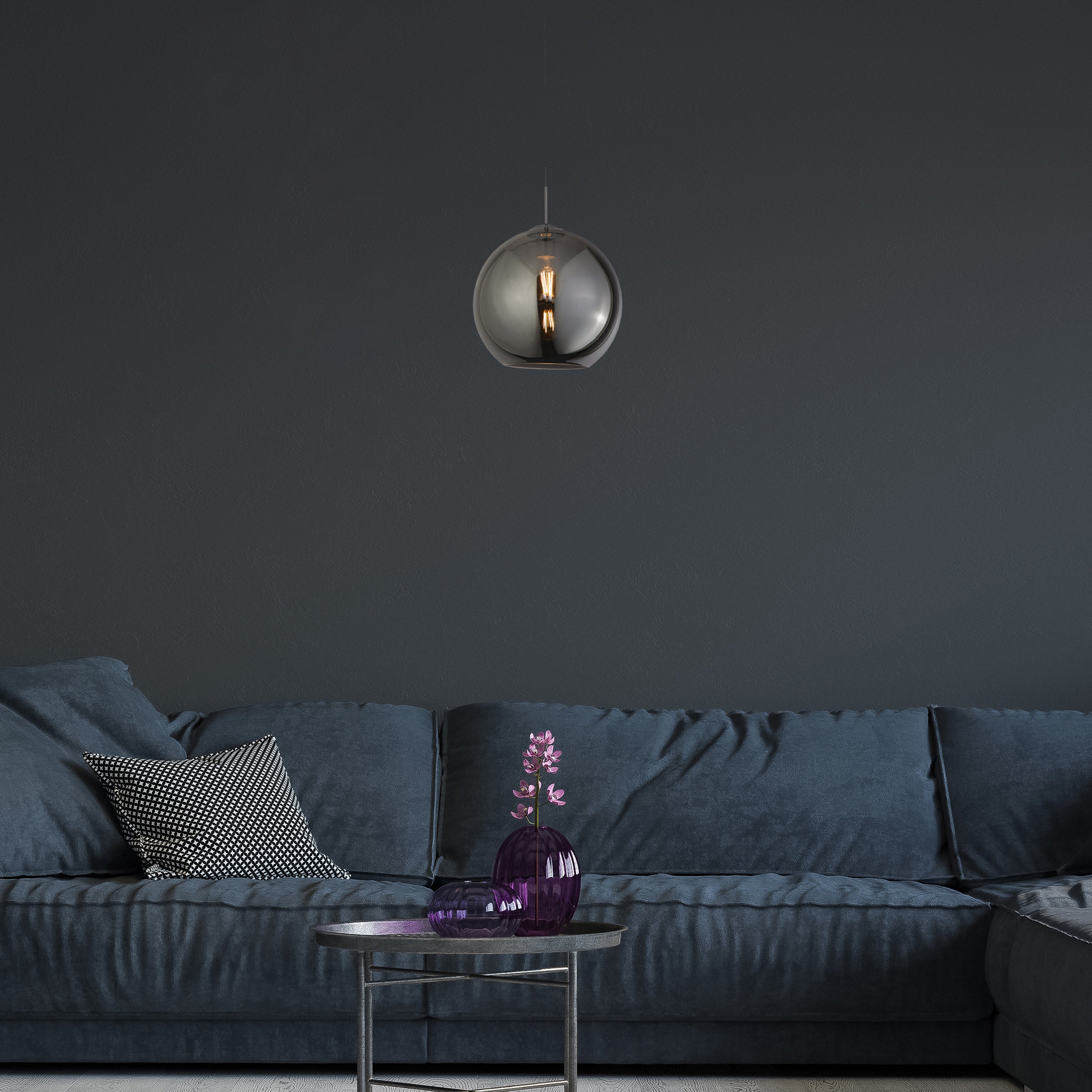 Searchlight Baines Single Round Pendant (30cm Diameter), Smoked Glass, Chrome