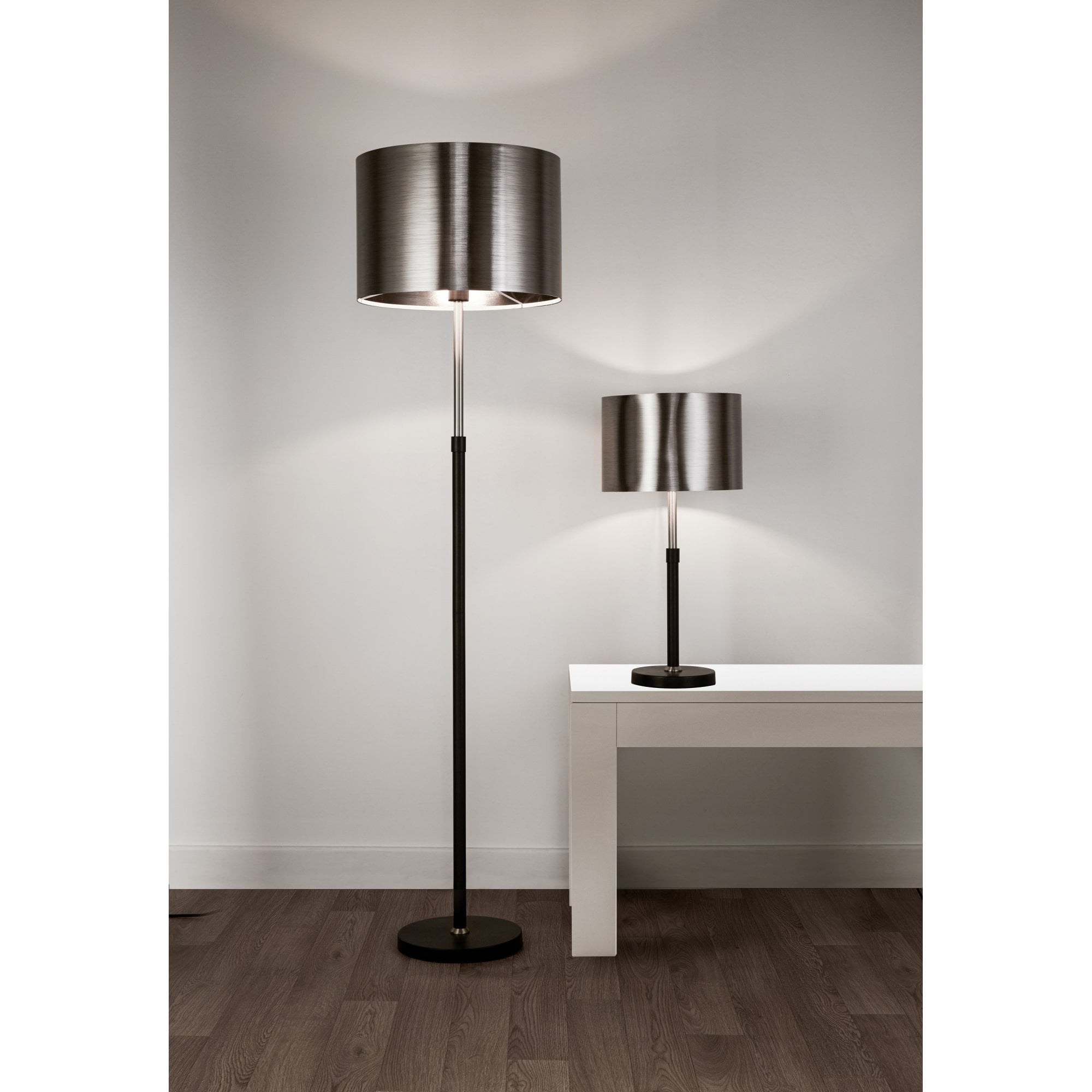 Searchlight Radcliffe Single Floor Lamp - Black, Satin Silver & Chrome Shade