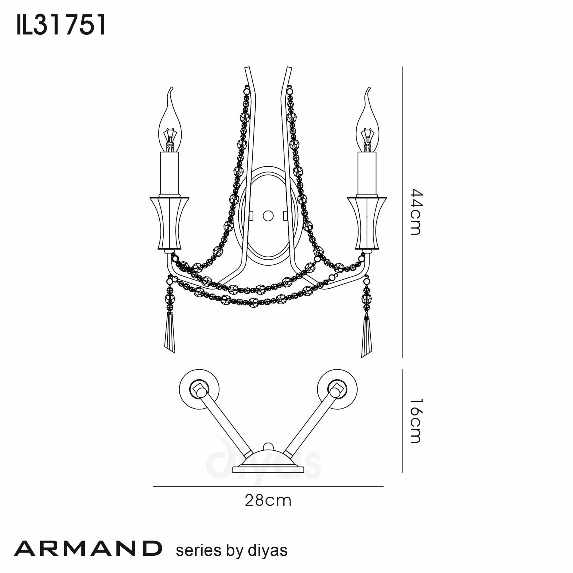Diyas Armand Wall Lamp 2 Light E14 - French Gold/Crystal