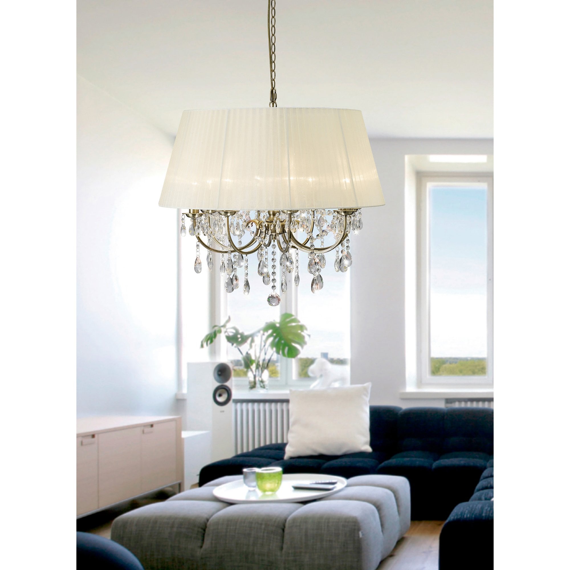 Diyas IL30057 Olivia Pendant With Cream Shade 8 Light Antique Brass/Crystal