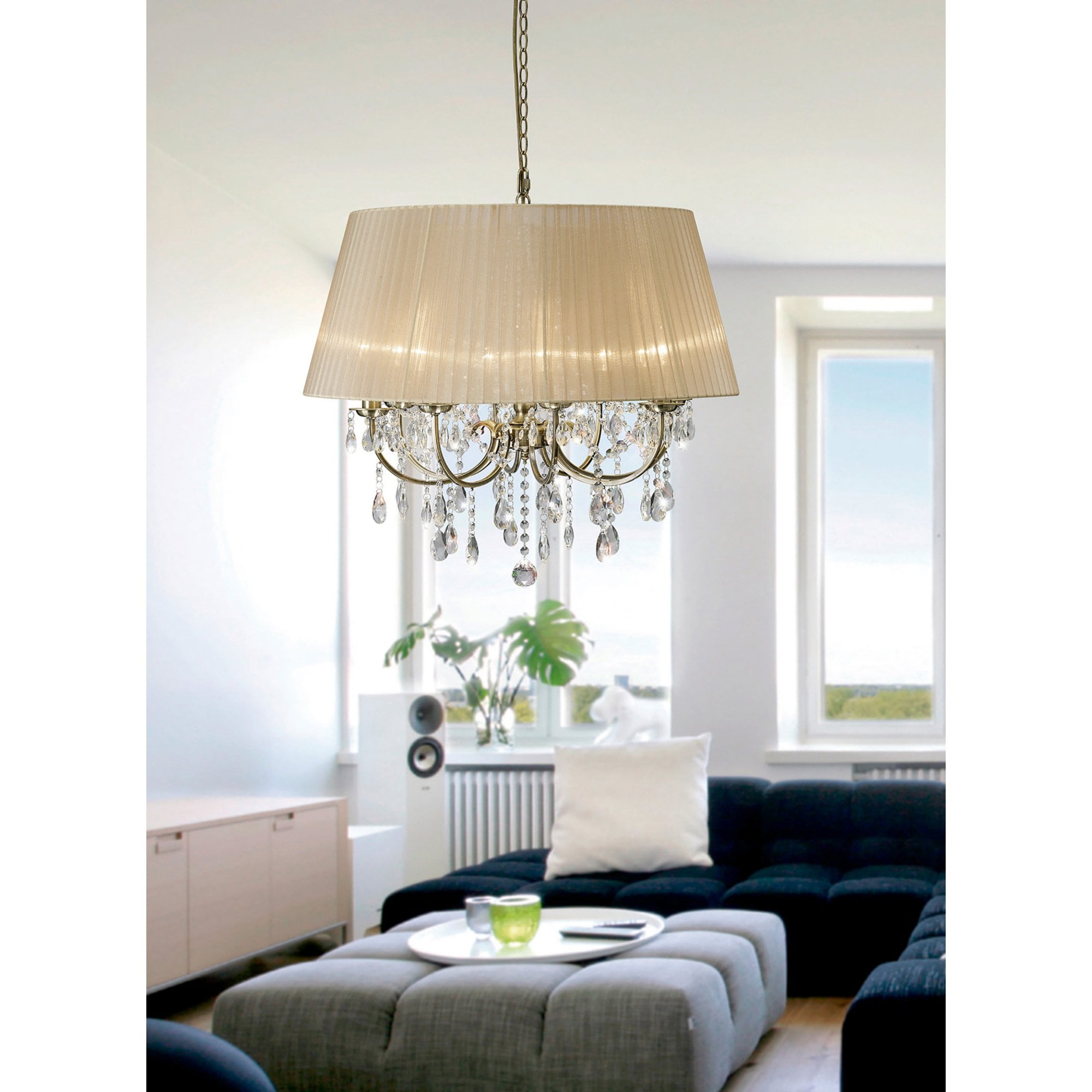 Diyas IL30057 Olivia Pendant With Soft Bronze Shade 8 Light Antique Brass/Crystal