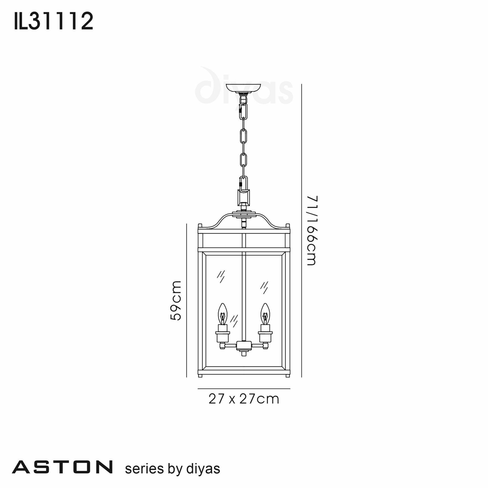 Diyas IL31112 Aston Pendant 3 Light Antique Brass/Glass