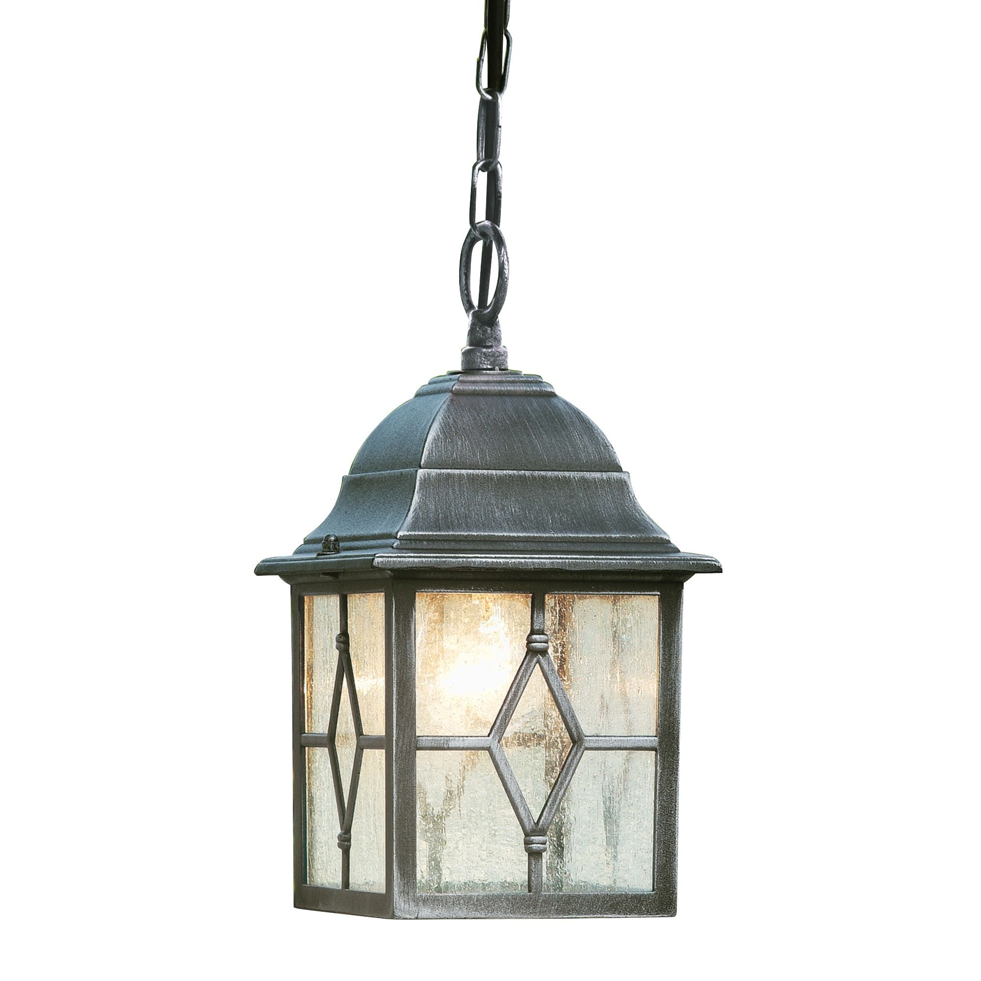 Searchlight Genoa outdoor pendant in black silver finish, square lantern with diamond leaded glass panels hanging from chain, lit and shown on a white studio background