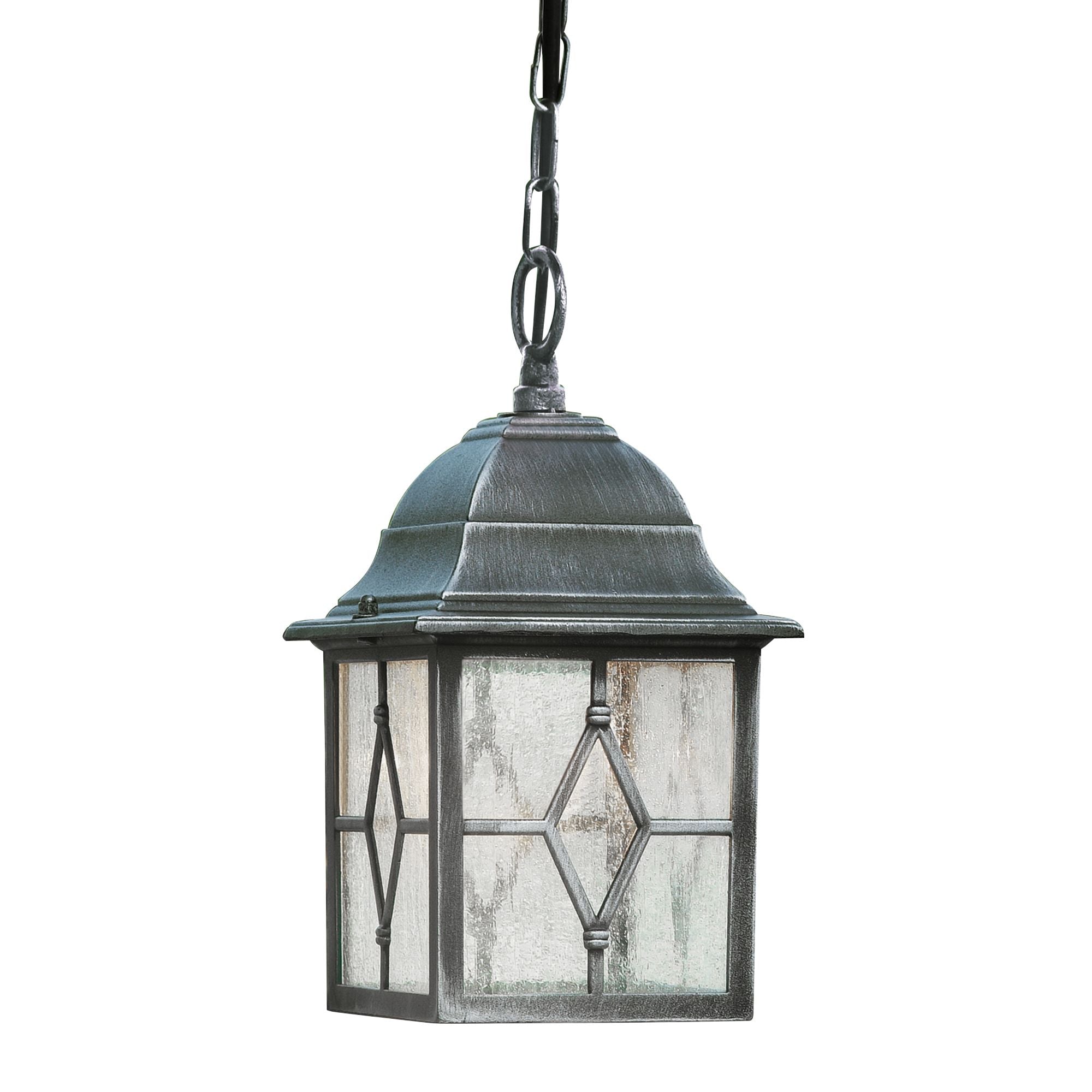 Searchlight Genoa outdoor pendant in black silver finish, square lantern with diamond leaded glass panels hanging from chain, lit and shown on a white studio background - view 2