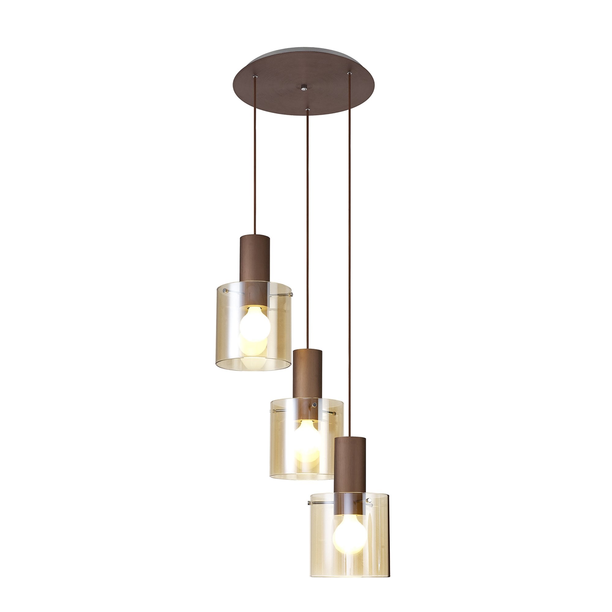Fabula Kendon Adjustable 3 Light Round Pendant - Mocha & Amber Glass