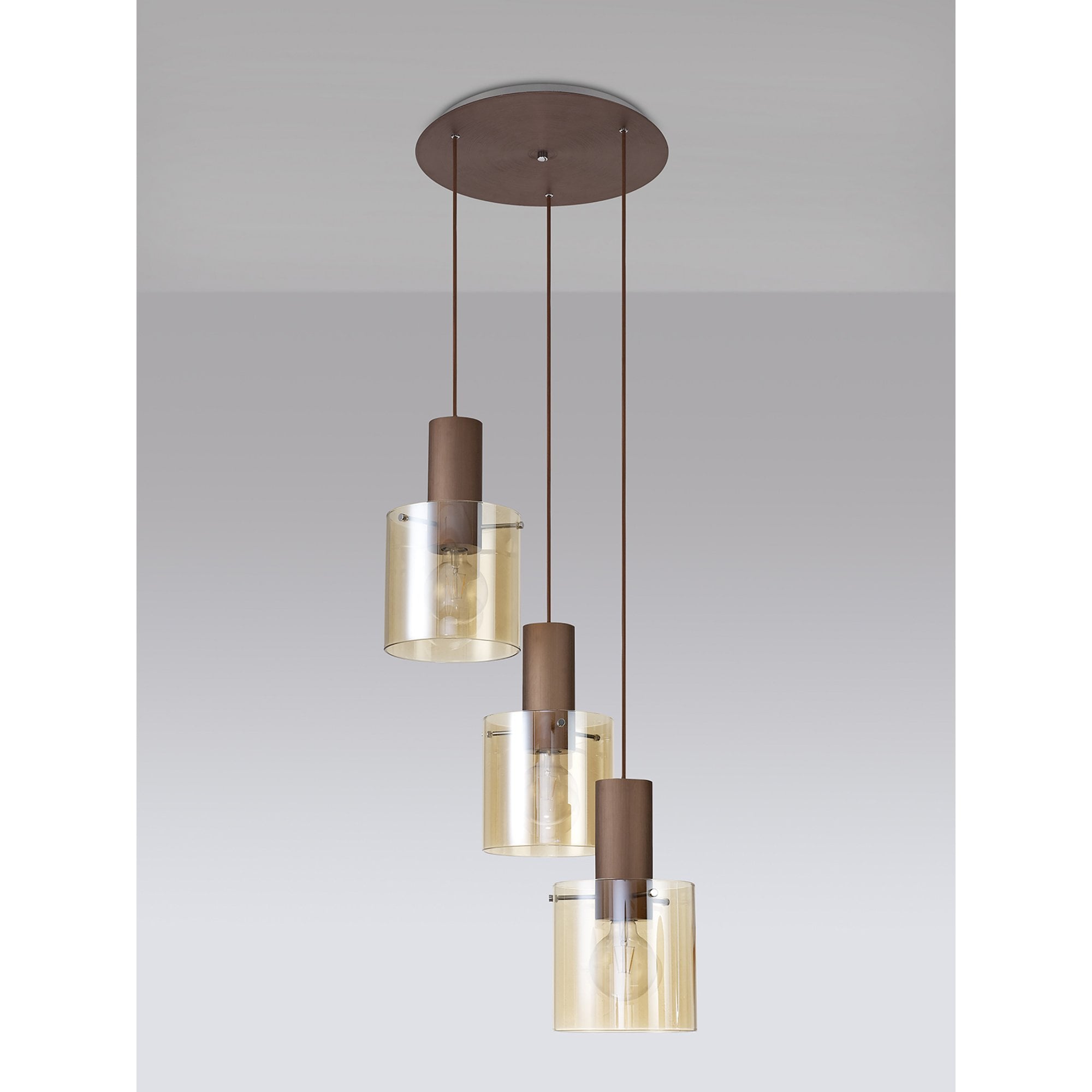 Fabula Kendon Adjustable 3 Light Round Pendant - Mocha & Amber Glass