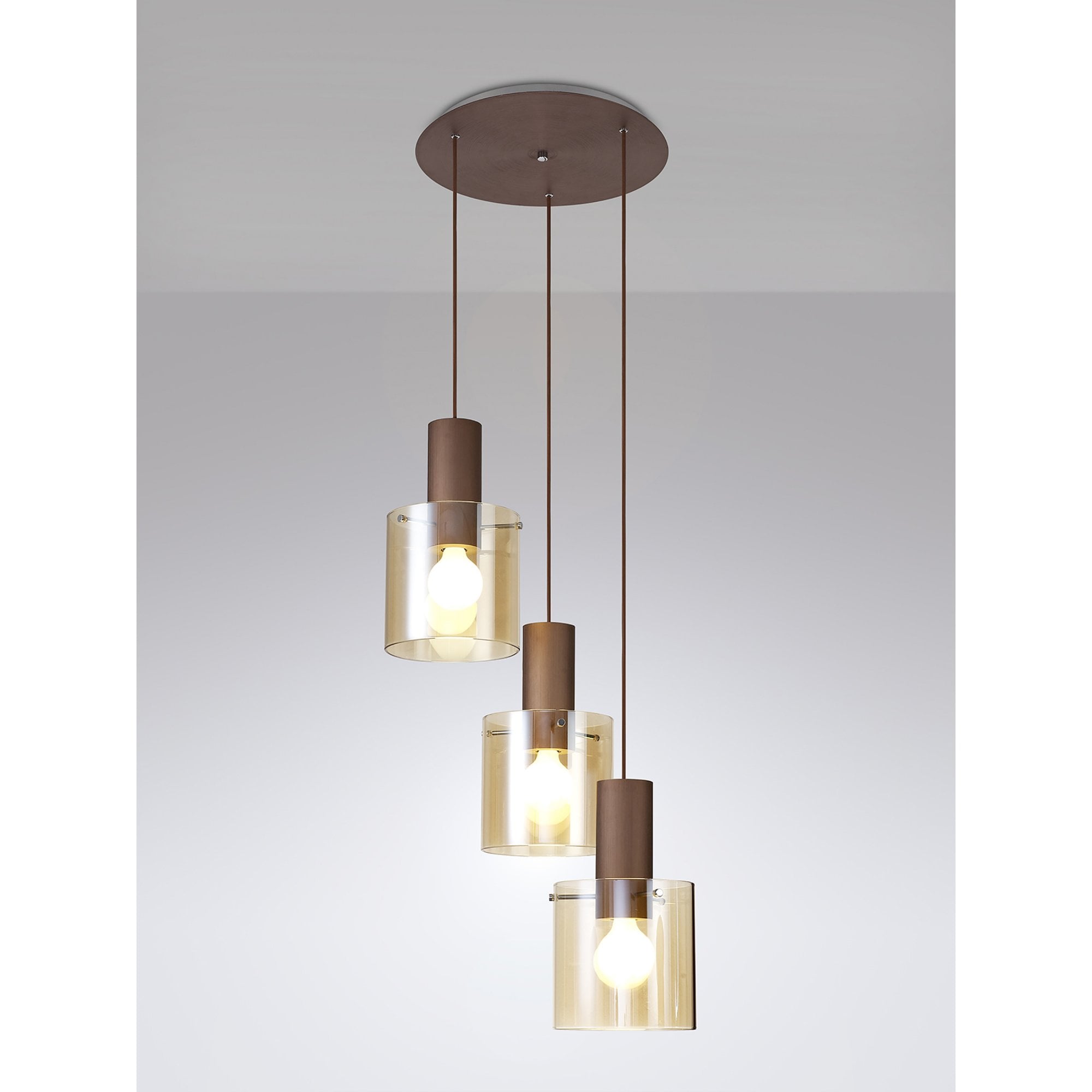 Fabula Kendon Adjustable 3 Light Round Pendant - Mocha & Amber Glass