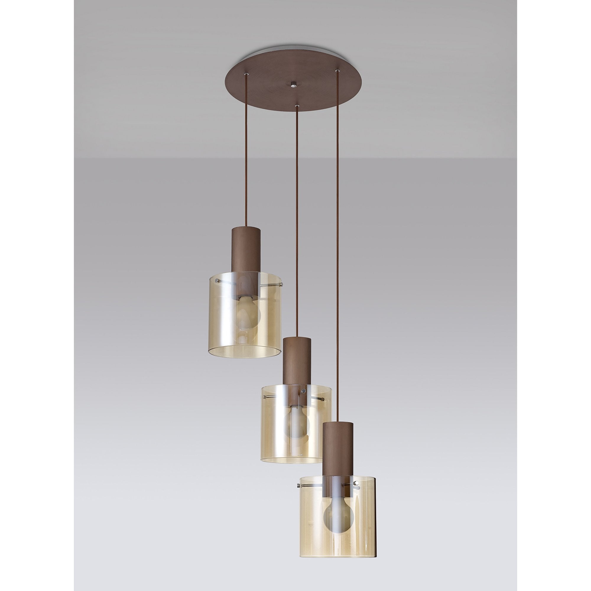 Fabula Kendon Adjustable 3 Light Round Pendant - Mocha & Amber Glass