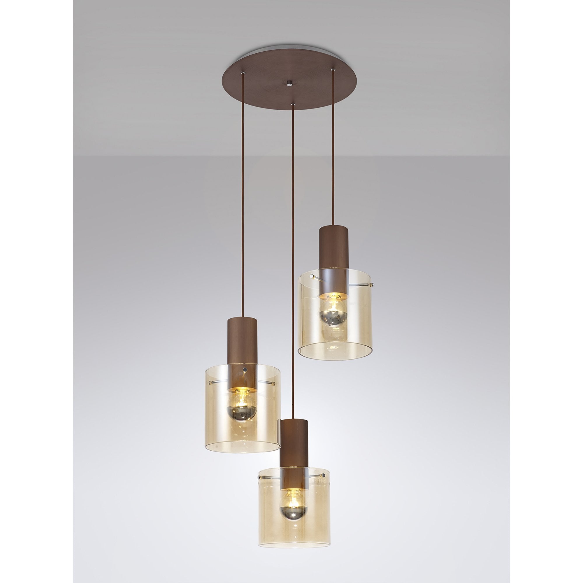 Fabula Kendon Adjustable 3 Light Round Pendant - Mocha & Amber Glass