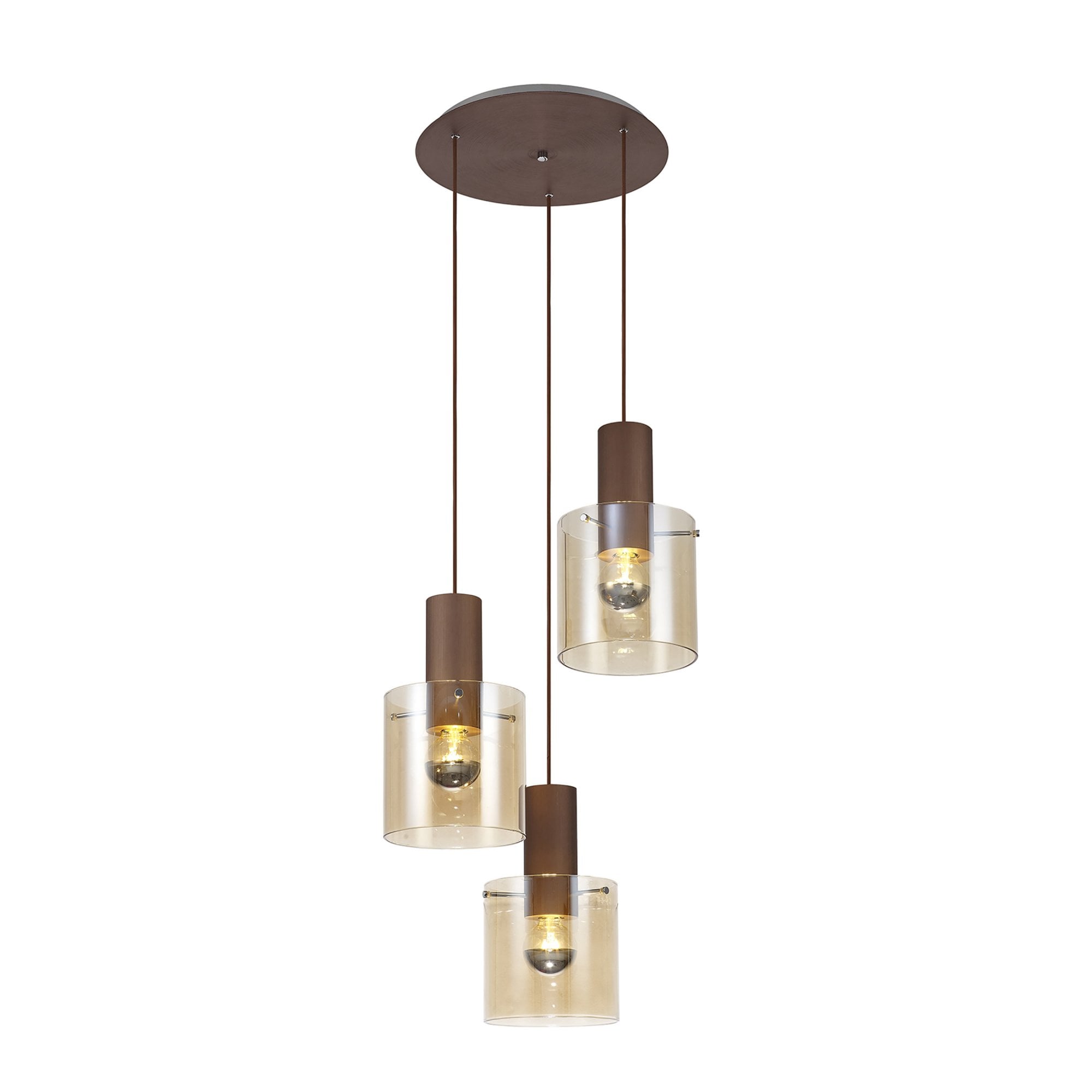 Fabula Kendon Adjustable 3 Light Round Pendant - Mocha & Amber Glass